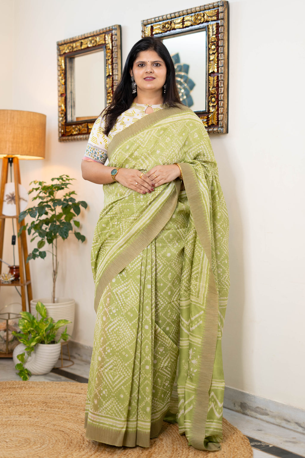 Handwoven Chanderi Silk Saree in Soft Green with Geometric Prints