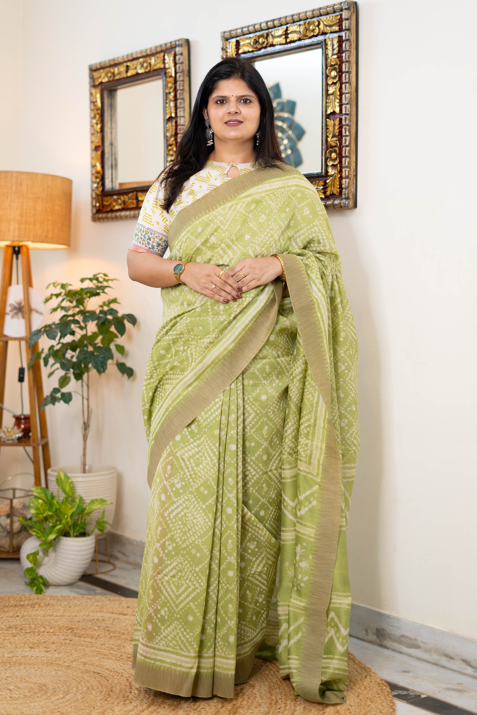 Handwoven Chanderi Silk Saree in Soft Green with Geometric Prints
