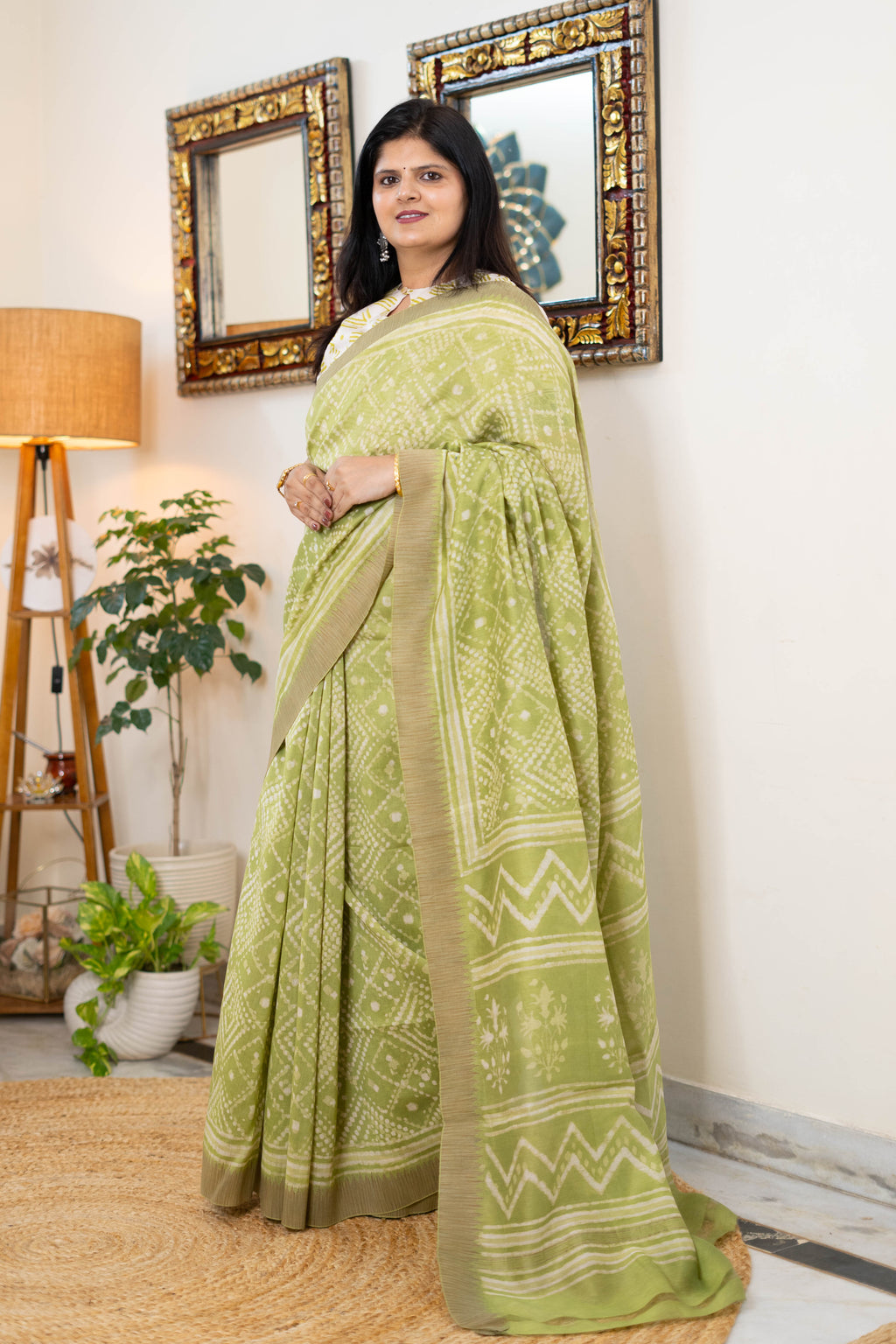 Handwoven Chanderi Silk Saree in Soft Green with Geometric Prints