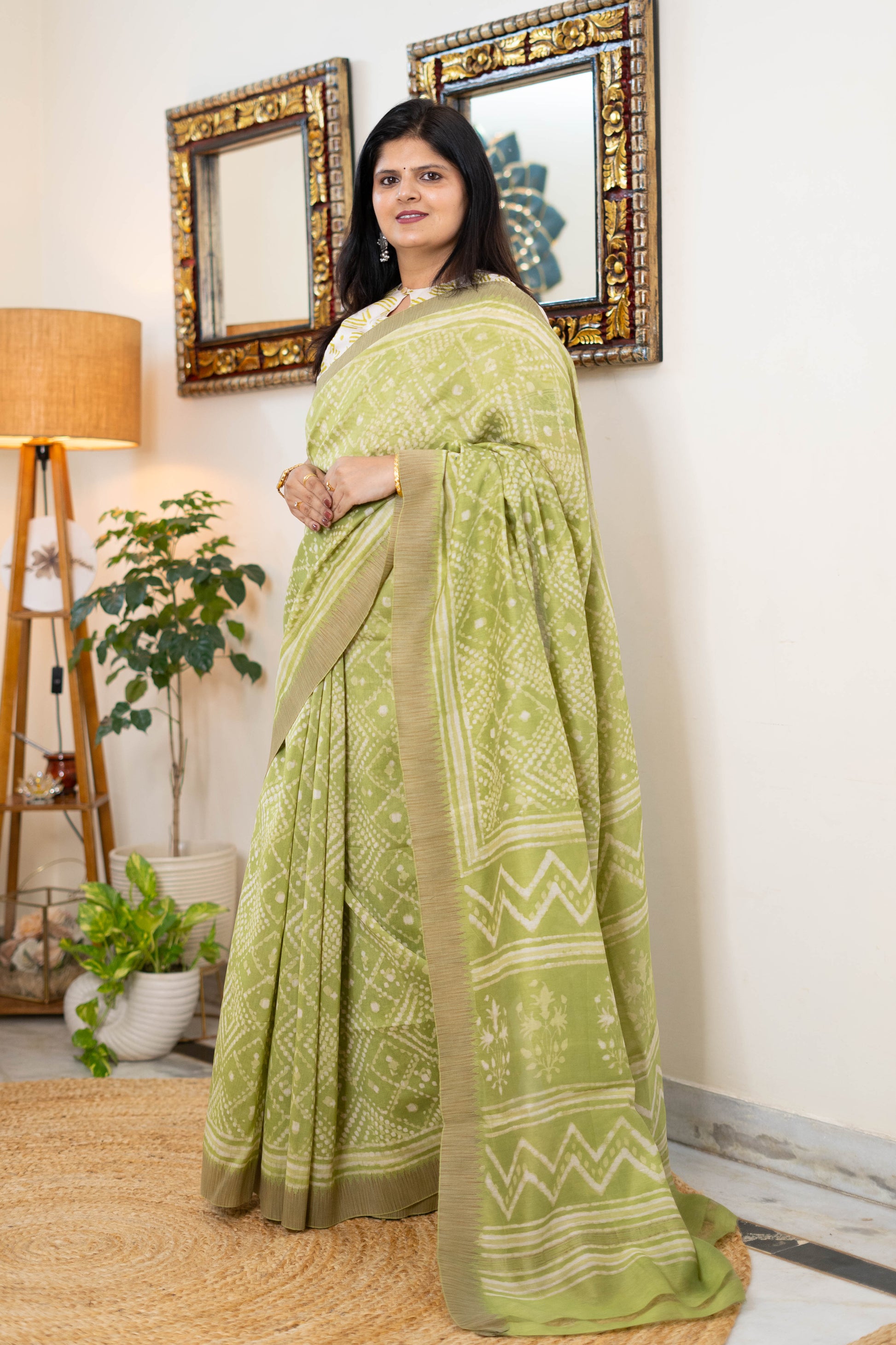Handwoven Chanderi Silk Saree in Soft Green with Geometric Prints