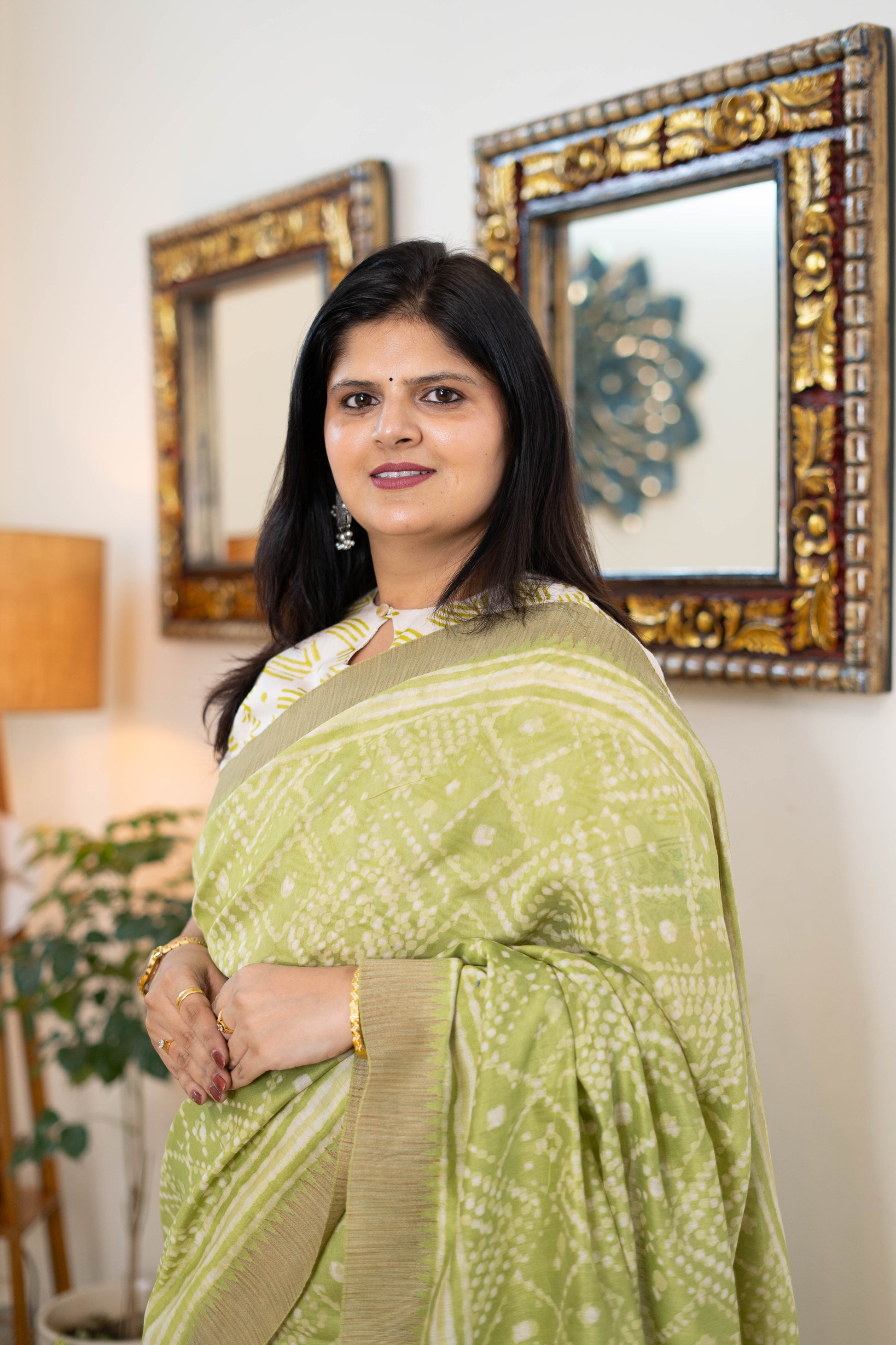 Handwoven Chanderi Silk Saree in Soft Green with Geometric Prints