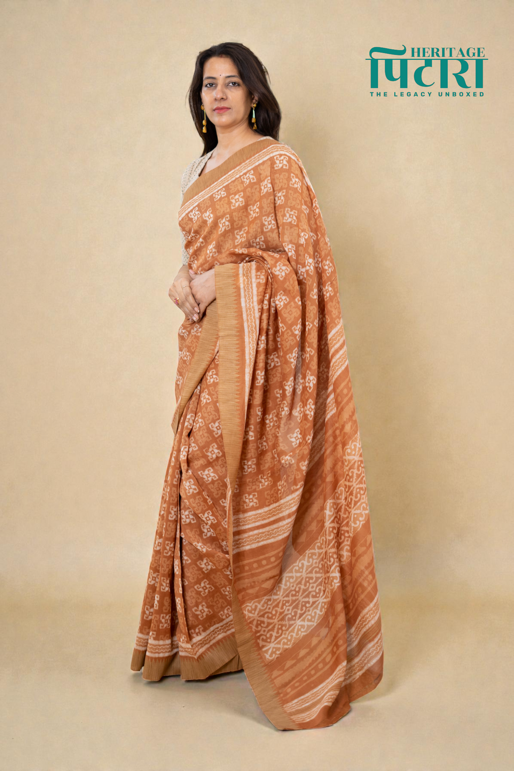Handwoven Chanderi Silk Saree in Warm Beige with Geometric Patterns
