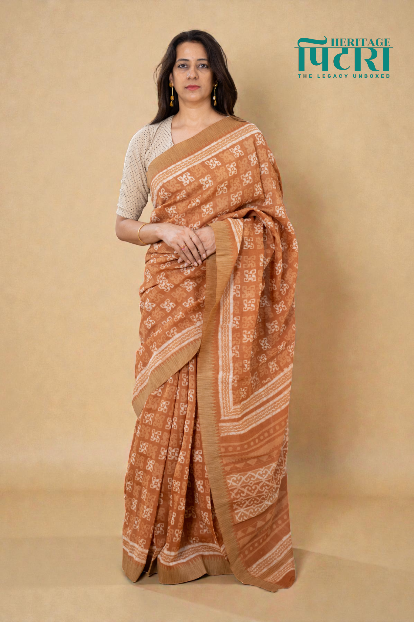 Handwoven Chanderi Silk Saree in Warm Beige with Geometric Patterns