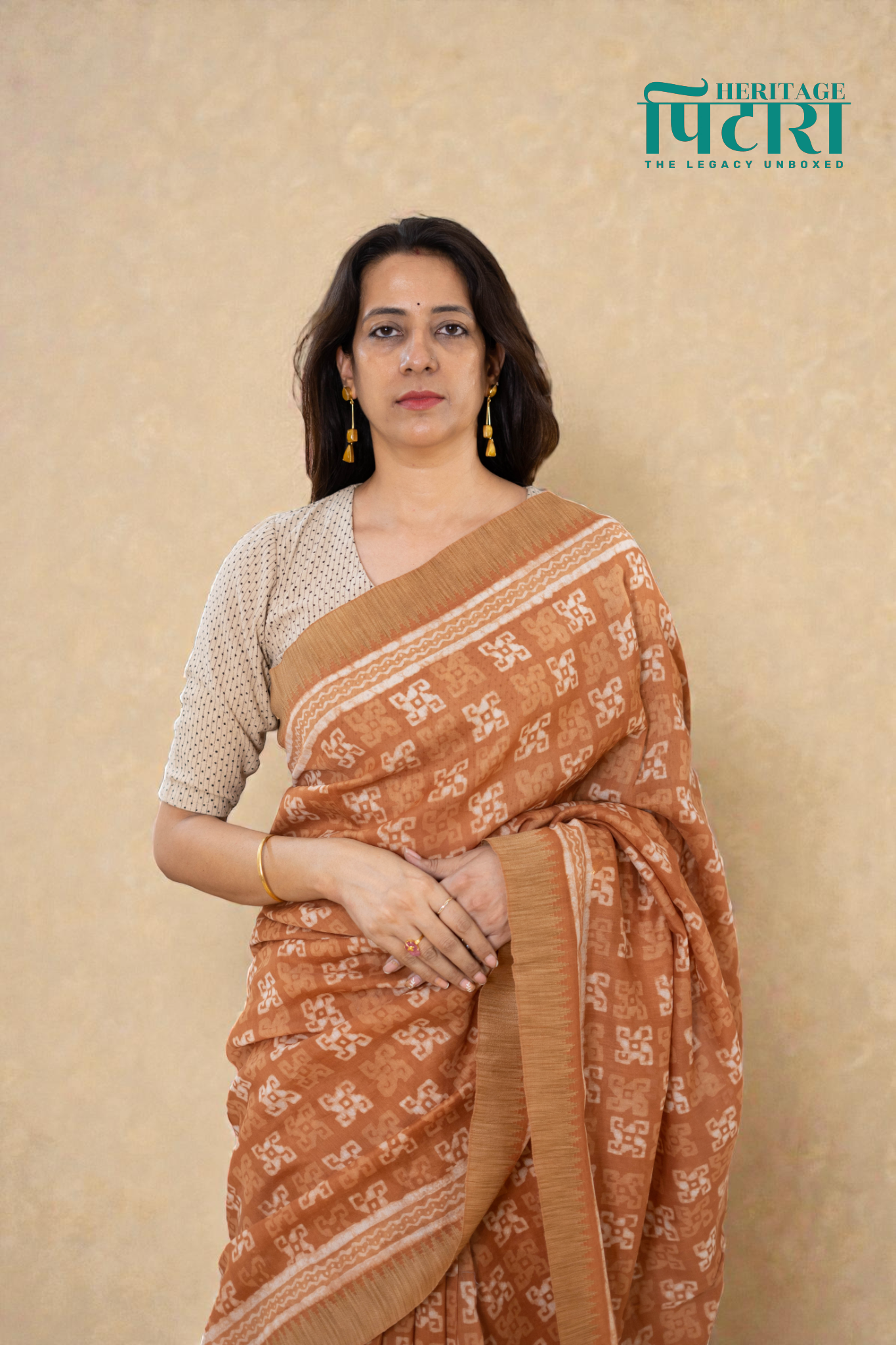 Handwoven Chanderi Silk Saree in Warm Beige with Geometric Patterns