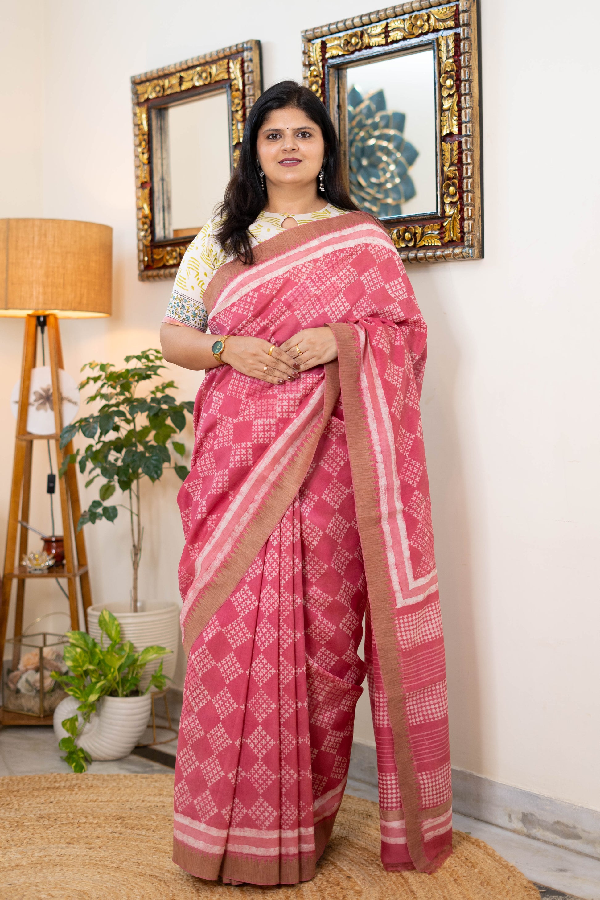 Handwoven Chanderi Silk Saree in Soft Pink with Geometric Prints