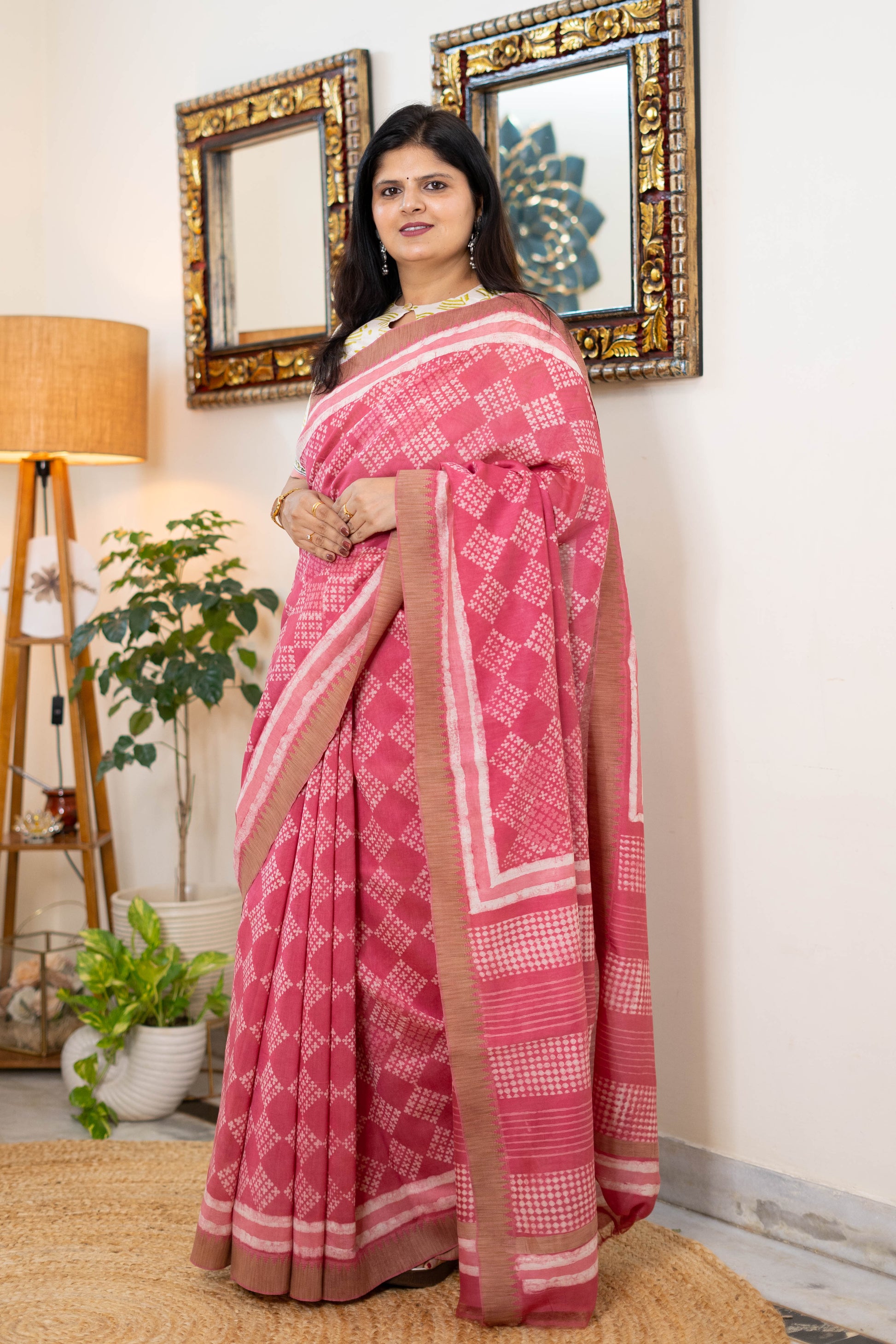 Handwoven Chanderi Silk Saree in Soft Pink with Geometric Prints