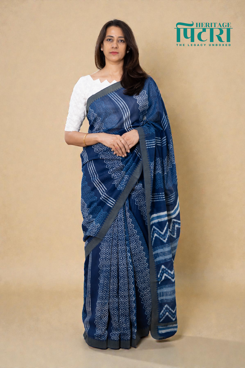 Elegant Chanderi Silk Saree in Indigo with Abstract Patterns