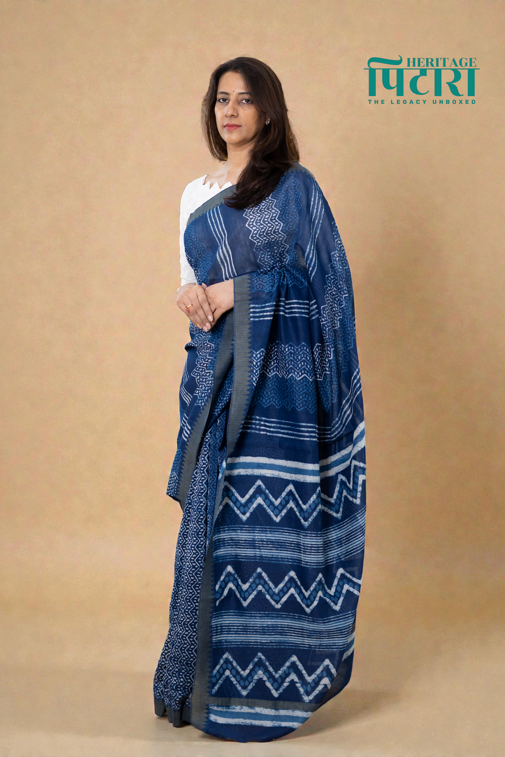 Elegant Chanderi Silk Saree in Indigo with Abstract Patterns