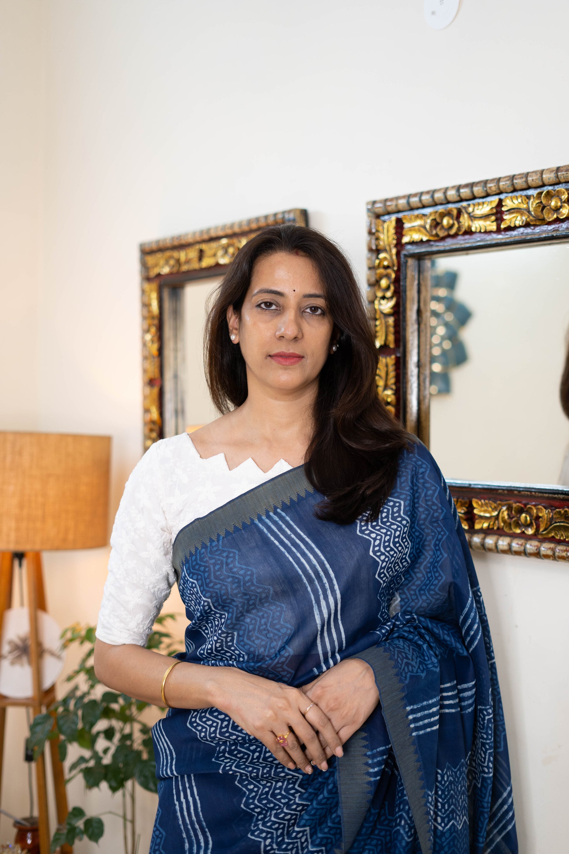 Elegant Chanderi Silk Saree in Indigo with Abstract Patterns