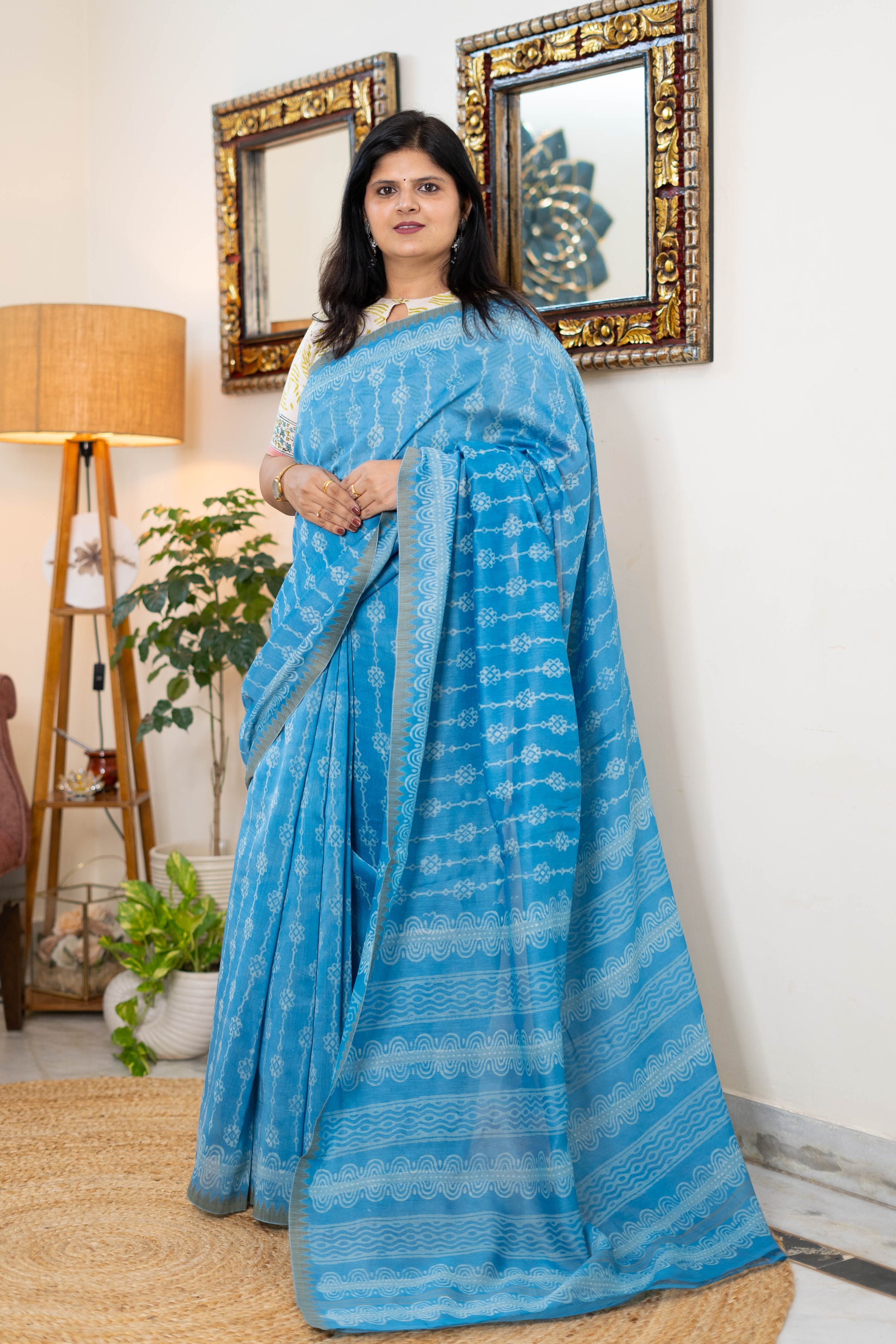 Elegant Chanderi Silk Saree in Light Blue with Abstract Patterns