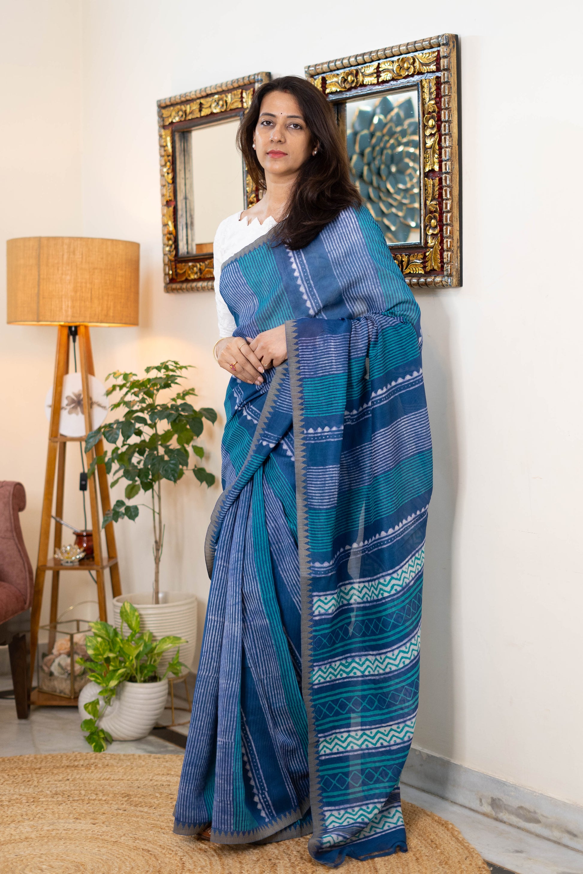 Elegant Chanderi Silk Saree in Indigo with Geometric Prints