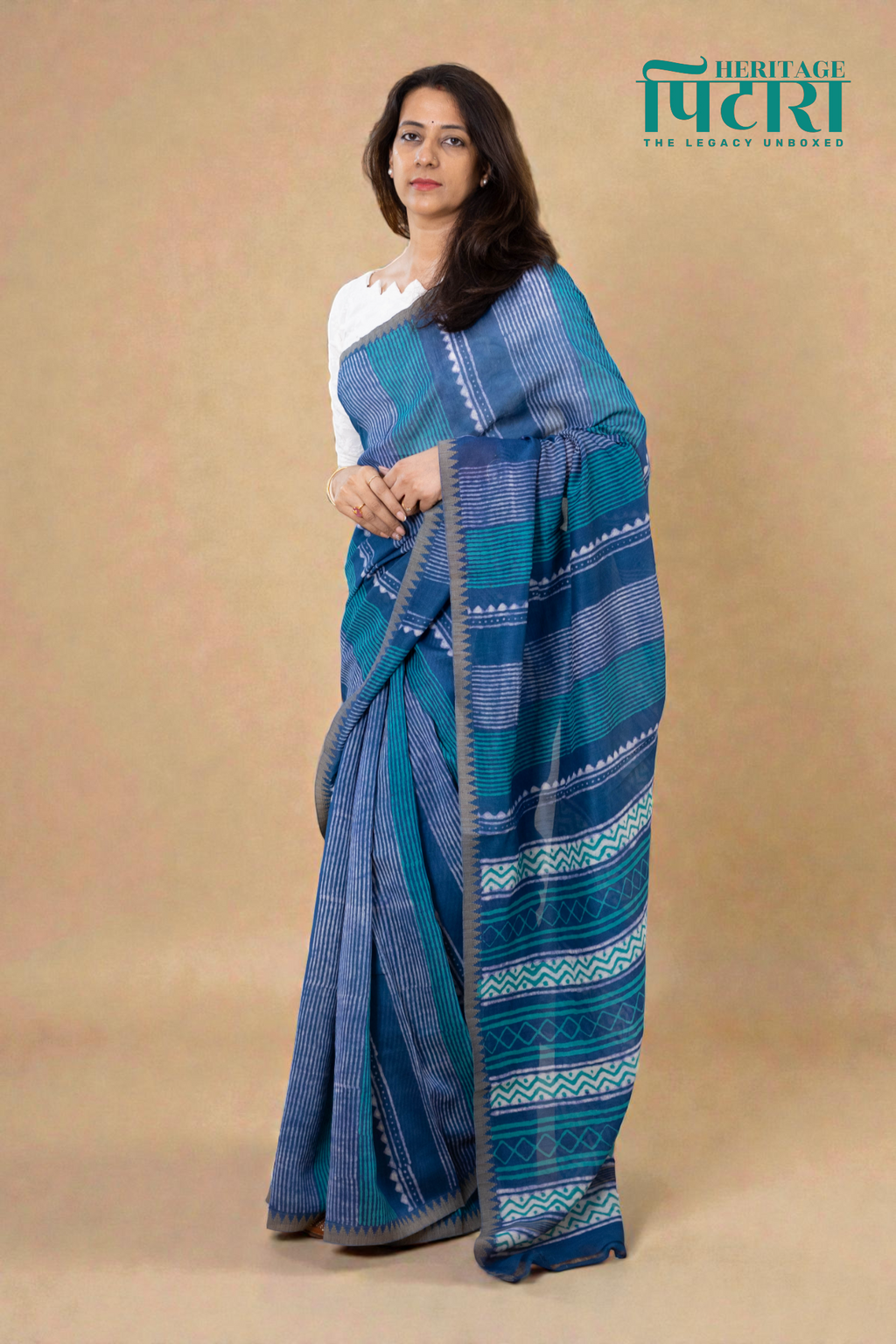 Elegant Chanderi Silk Saree in Indigo with Geometric Prints