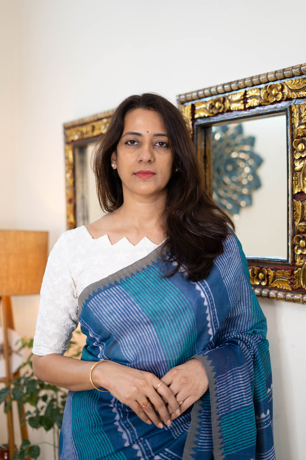Elegant Chanderi Silk Saree in Indigo with Geometric Prints