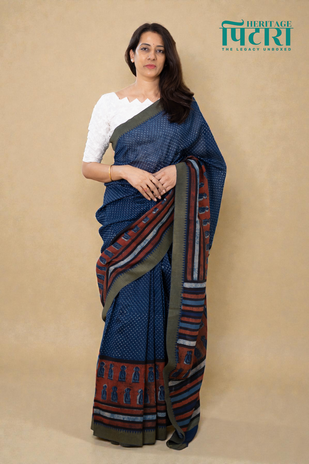 Elegant Chanderi Saree in Deep Indigo with Earthy Accents