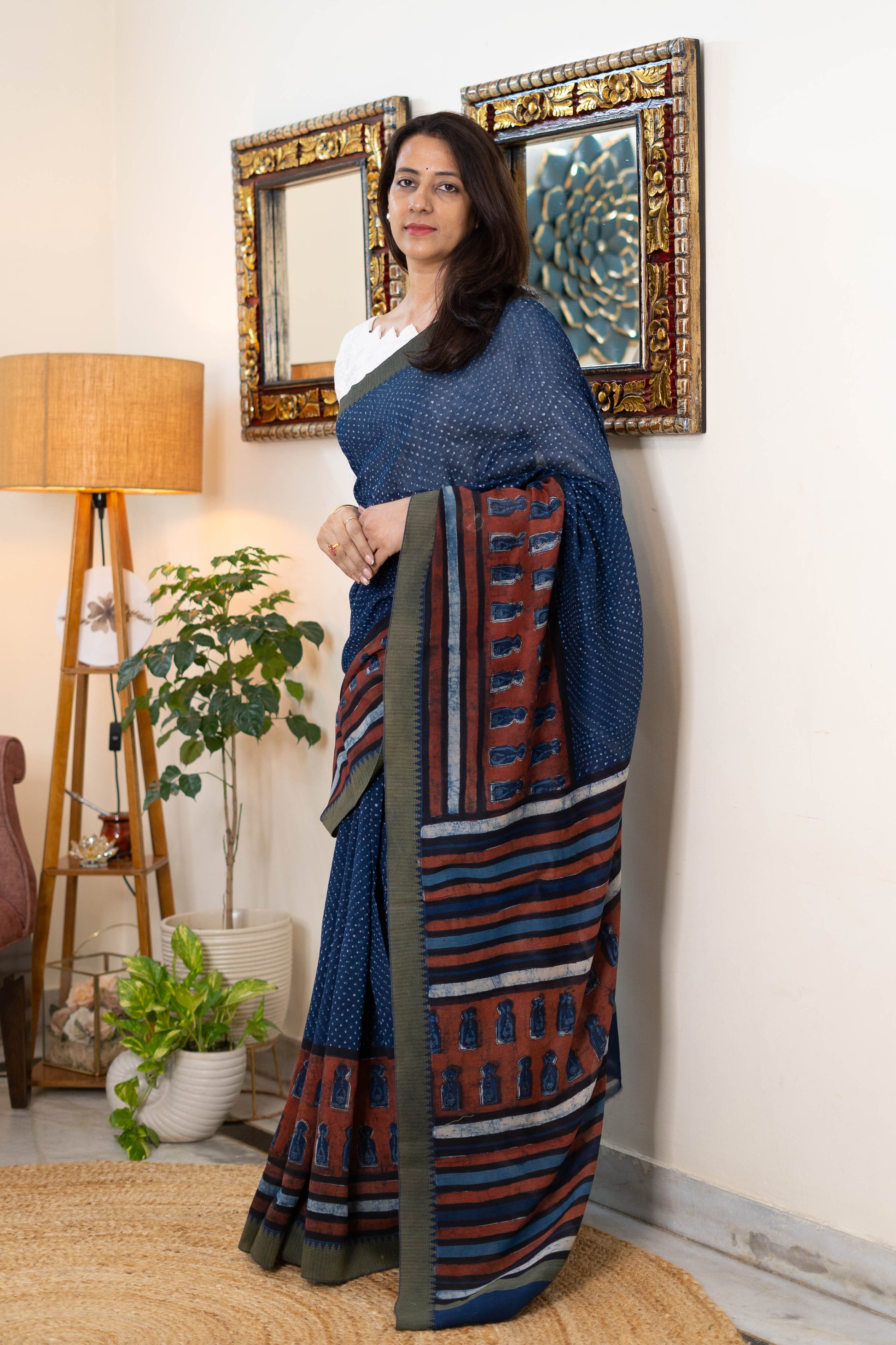 Elegant Chanderi Saree in Deep Indigo with Earthy Accents