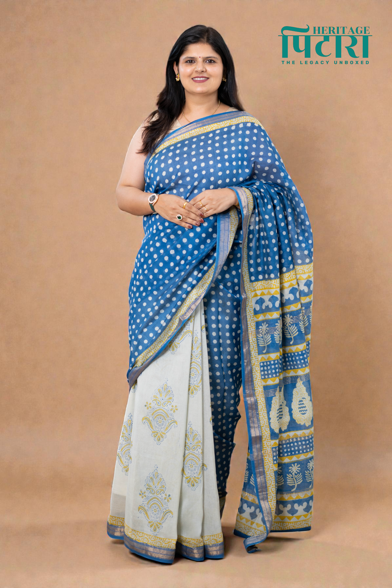 Handwoven Bagh Print Indigo Polka Dot Maheshwari Silk Saree with Yellow Border