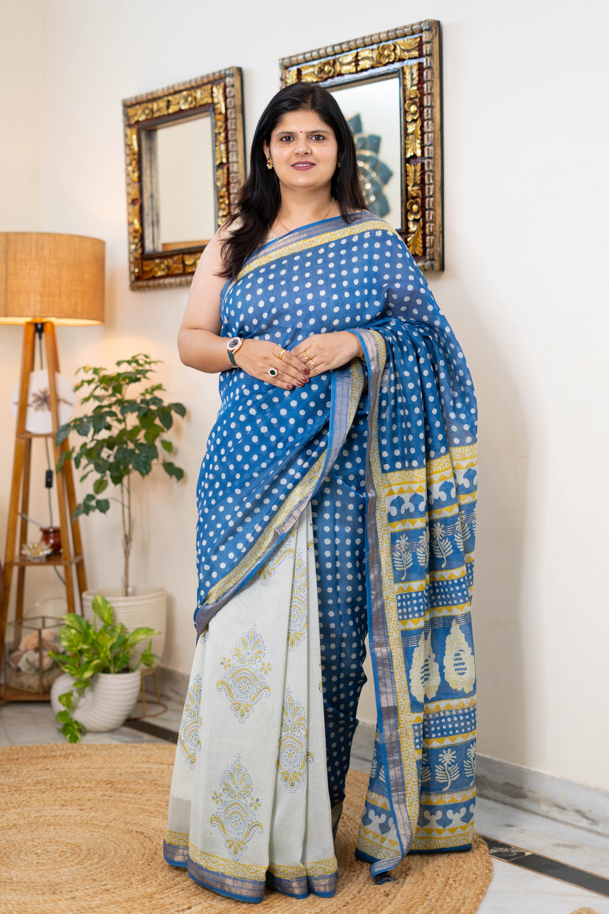 Handwoven Bagh Print Indigo Polka Dot Maheshwari Silk Saree with Yellow Border