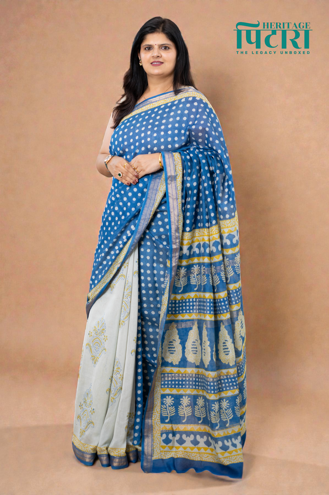 Handwoven Bagh Print Indigo Polka Dot Maheshwari Silk Saree with Yellow Border