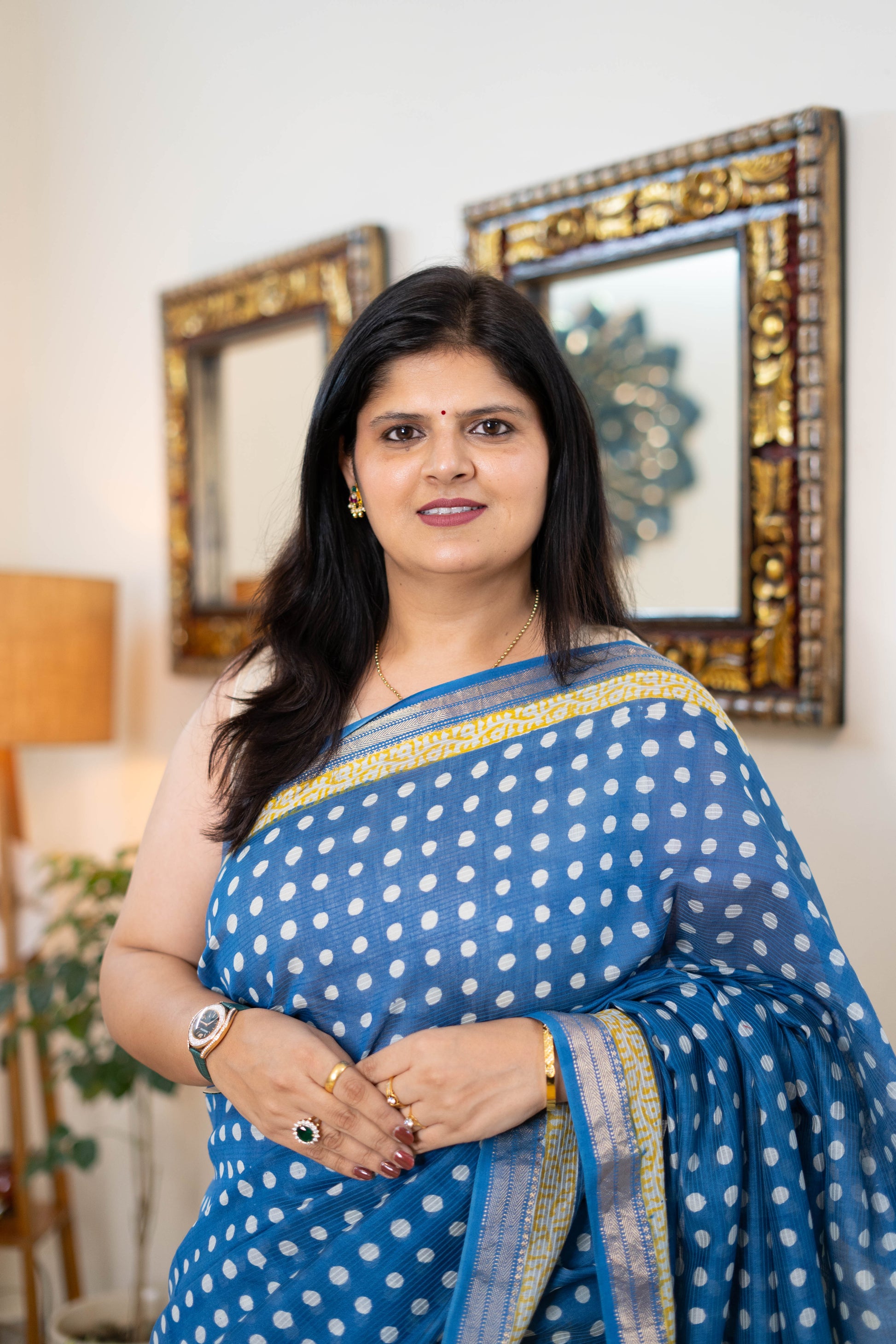 Handwoven Bagh Print Indigo Polka Dot Maheshwari Silk Saree with Yellow Border
