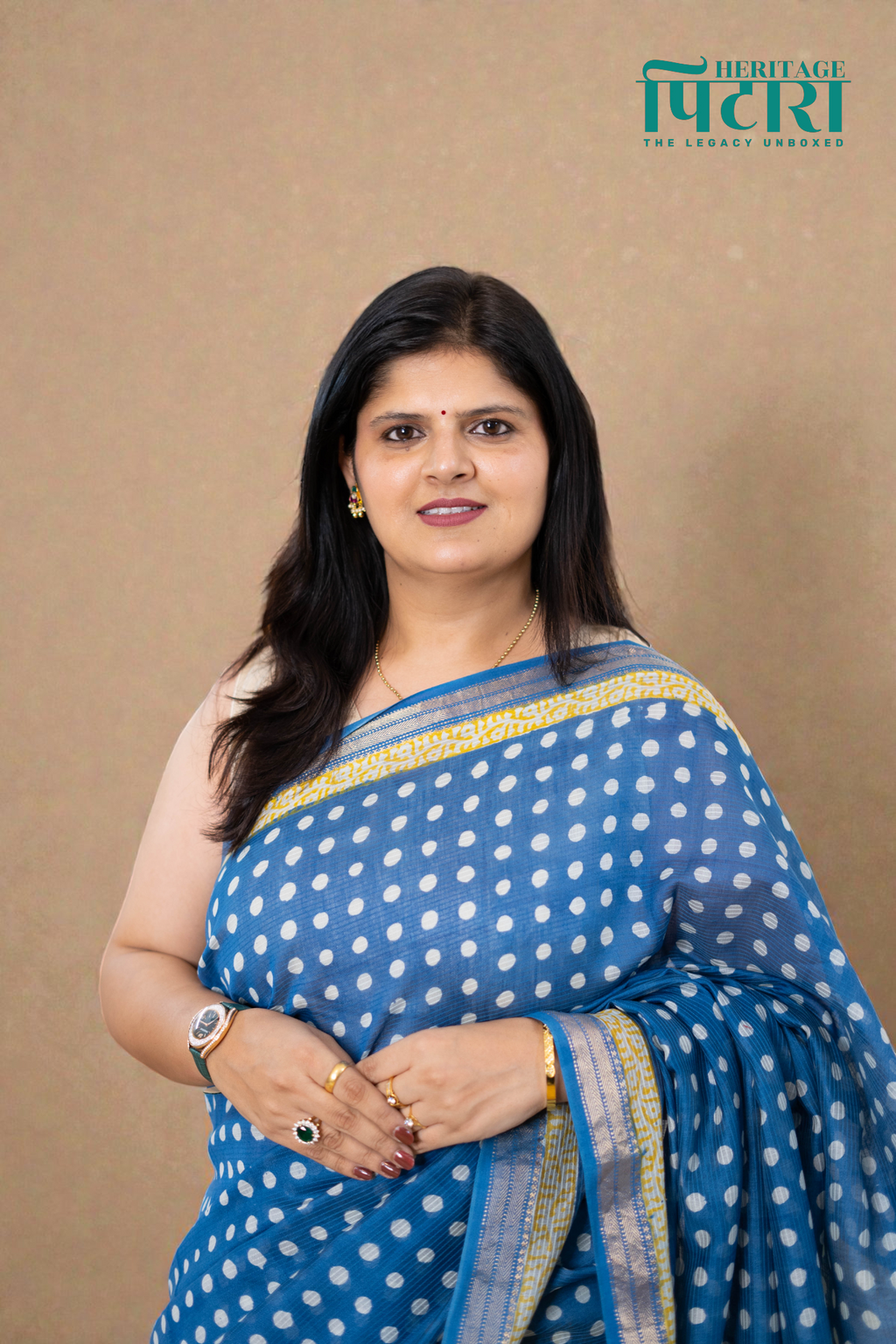 Handwoven Bagh Print Indigo Polka Dot Maheshwari Silk Saree with Yellow Border