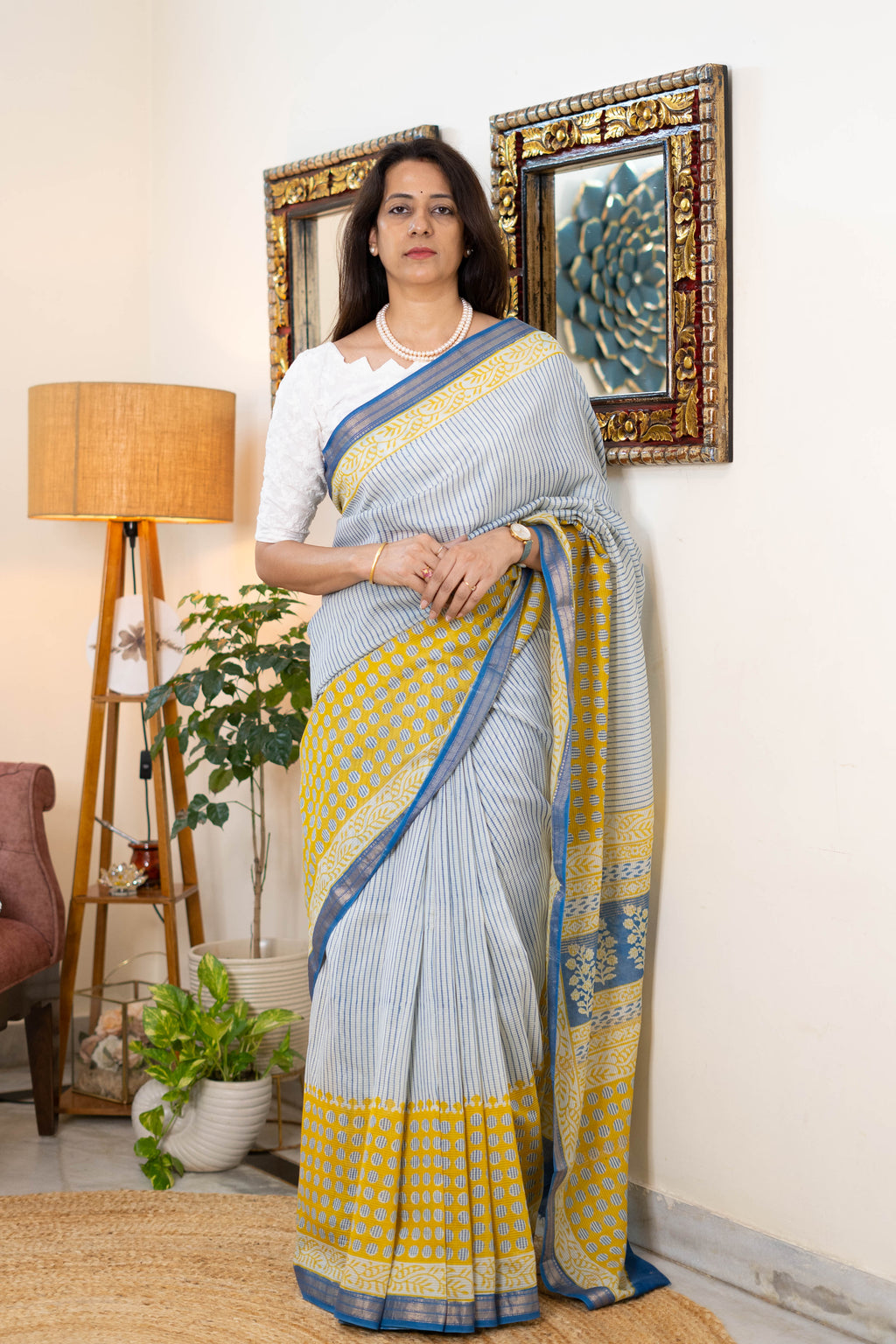 Handwoven Bagh Print Indigo Maheshwari Silk Saree with Indigo  and Mustard Stripes