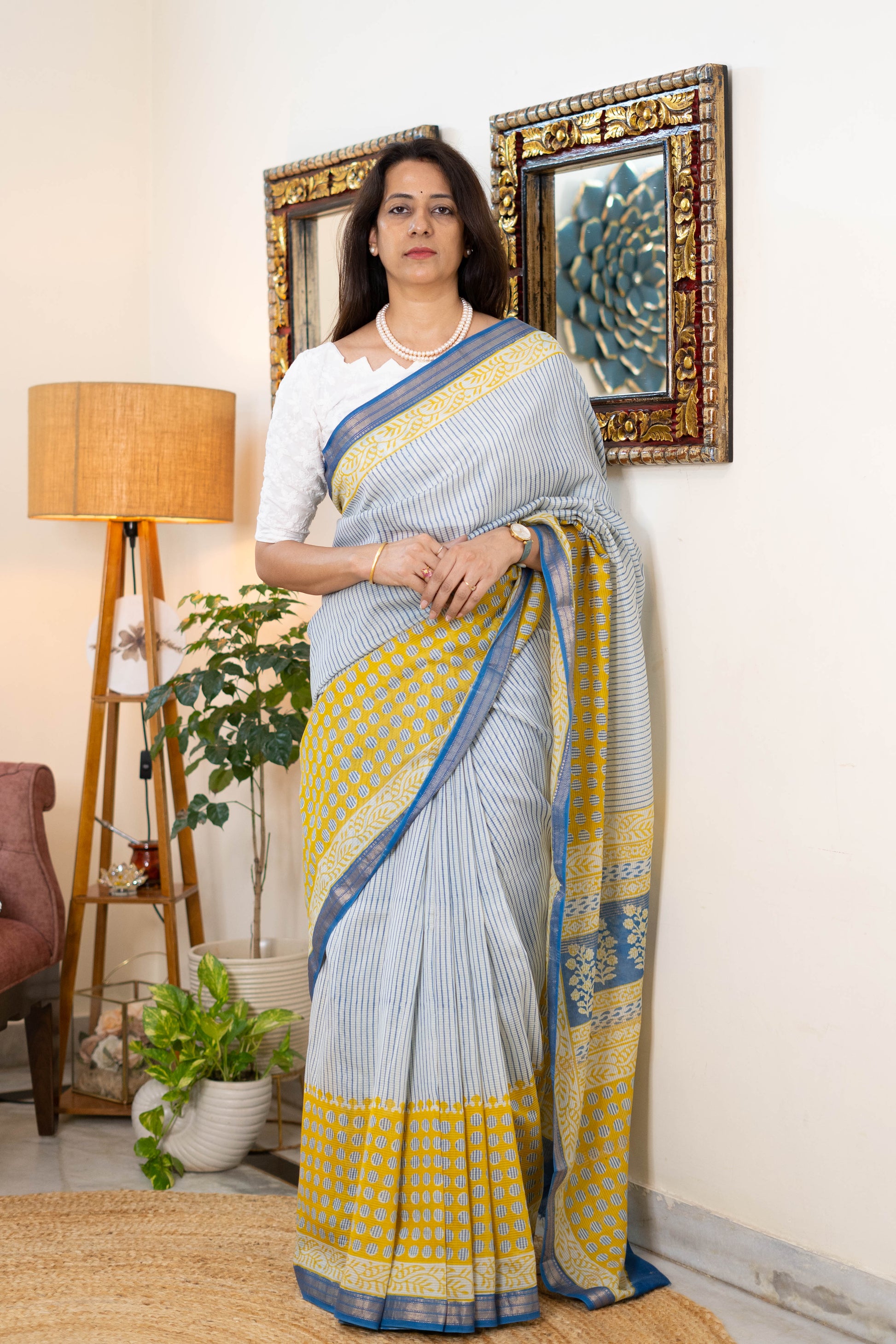 Handwoven Bagh Print Indigo Maheshwari Silk Saree with Indigo  and Mustard Stripes