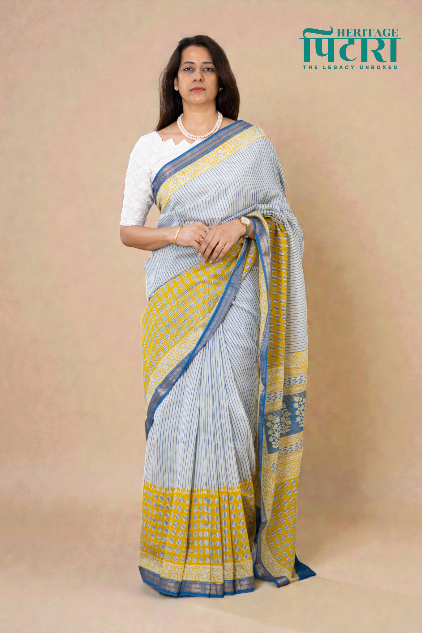 Handwoven Bagh Print Indigo Maheshwari Silk Saree with Indigo  and Mustard Stripes