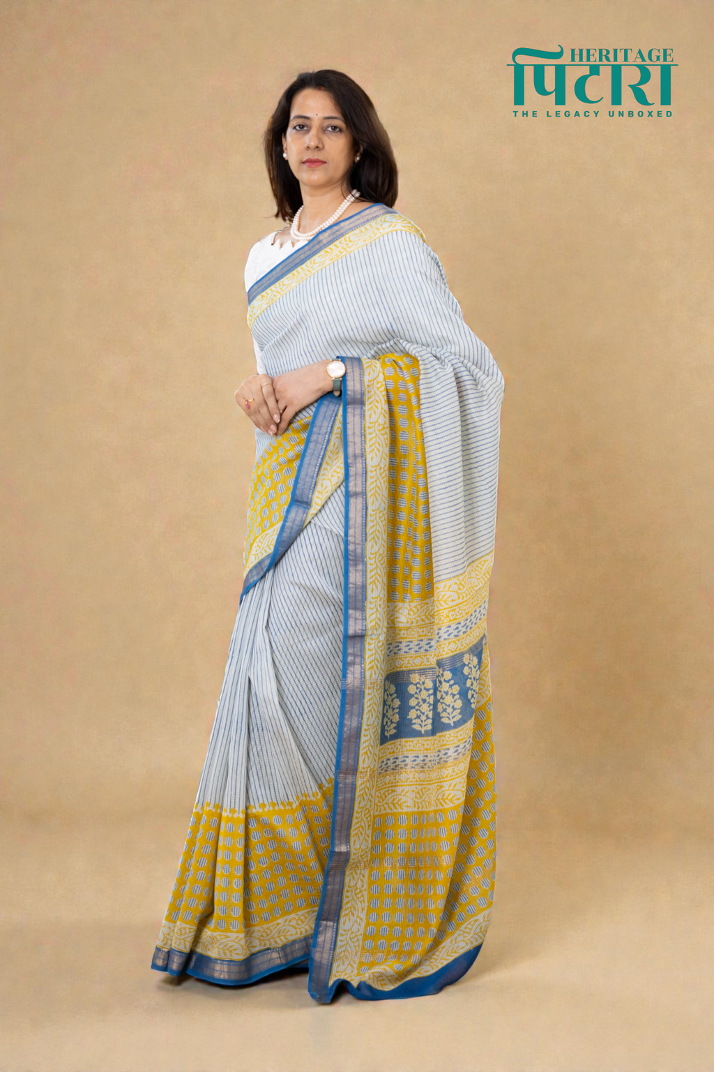 Handwoven Bagh Print Indigo Maheshwari Silk Saree with Indigo  and Mustard Stripes