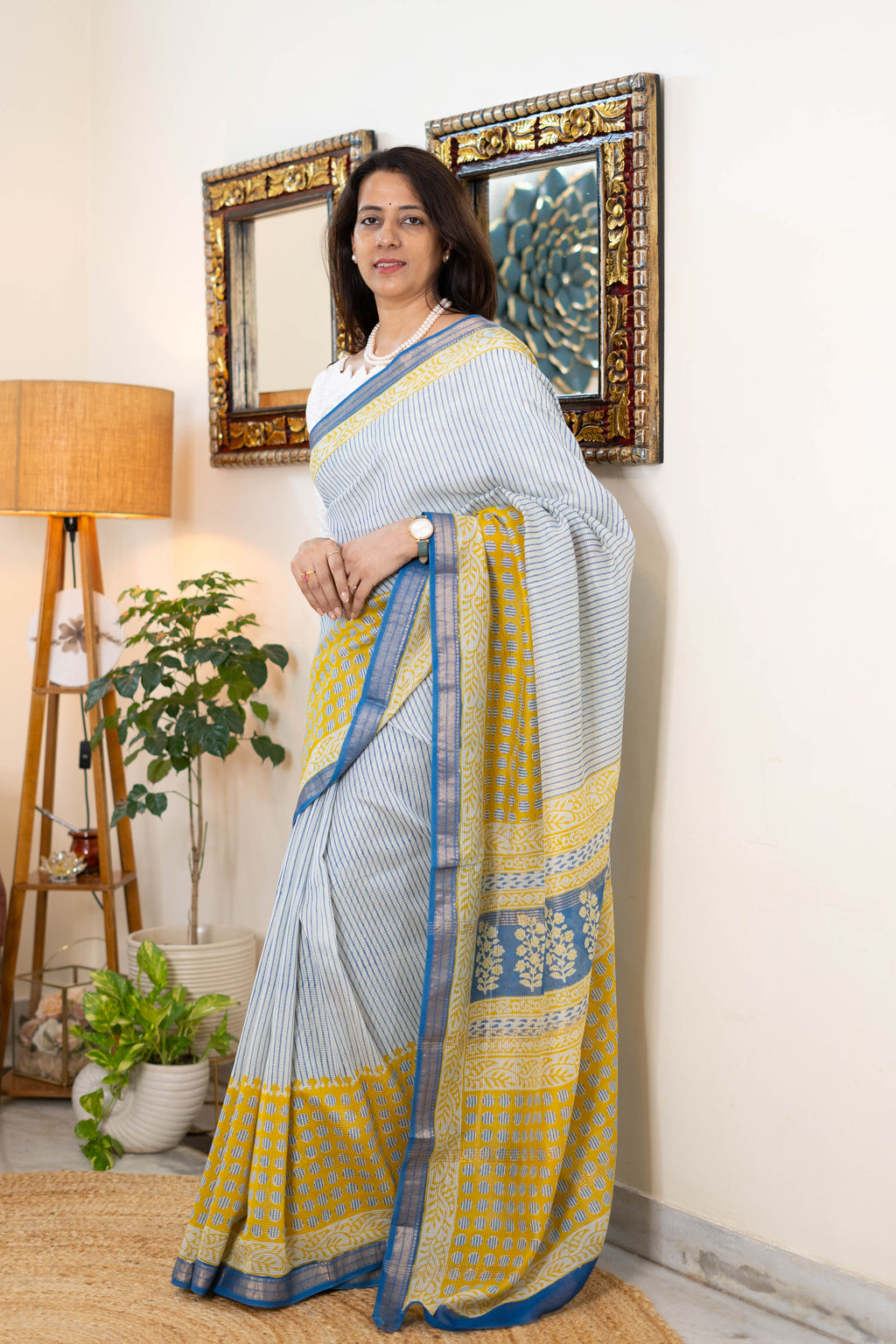 Handwoven Bagh Print Indigo Maheshwari Silk Saree with Indigo  and Mustard Stripes