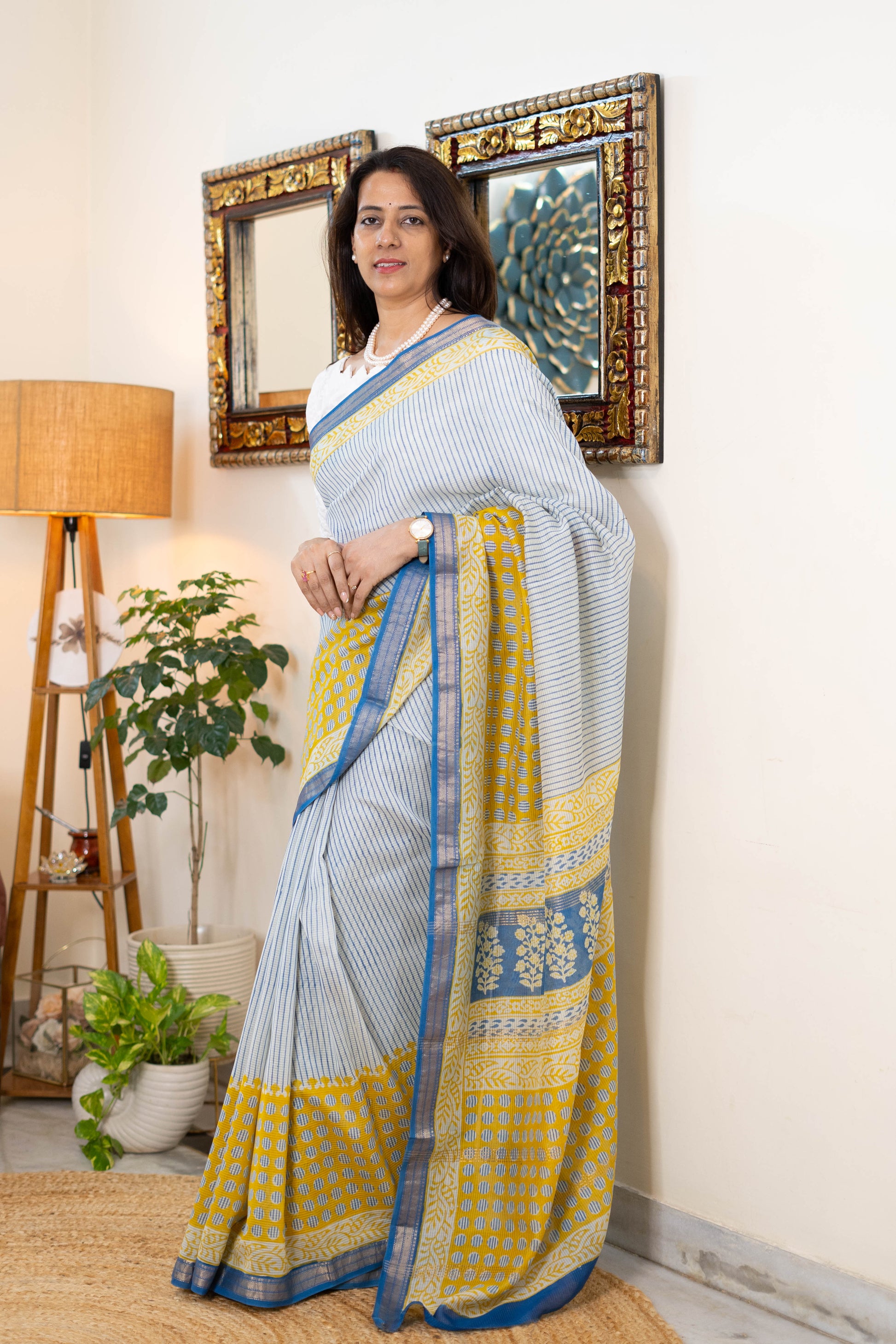 Handwoven Bagh Print Indigo Maheshwari Silk Saree with Indigo  and Mustard Stripes