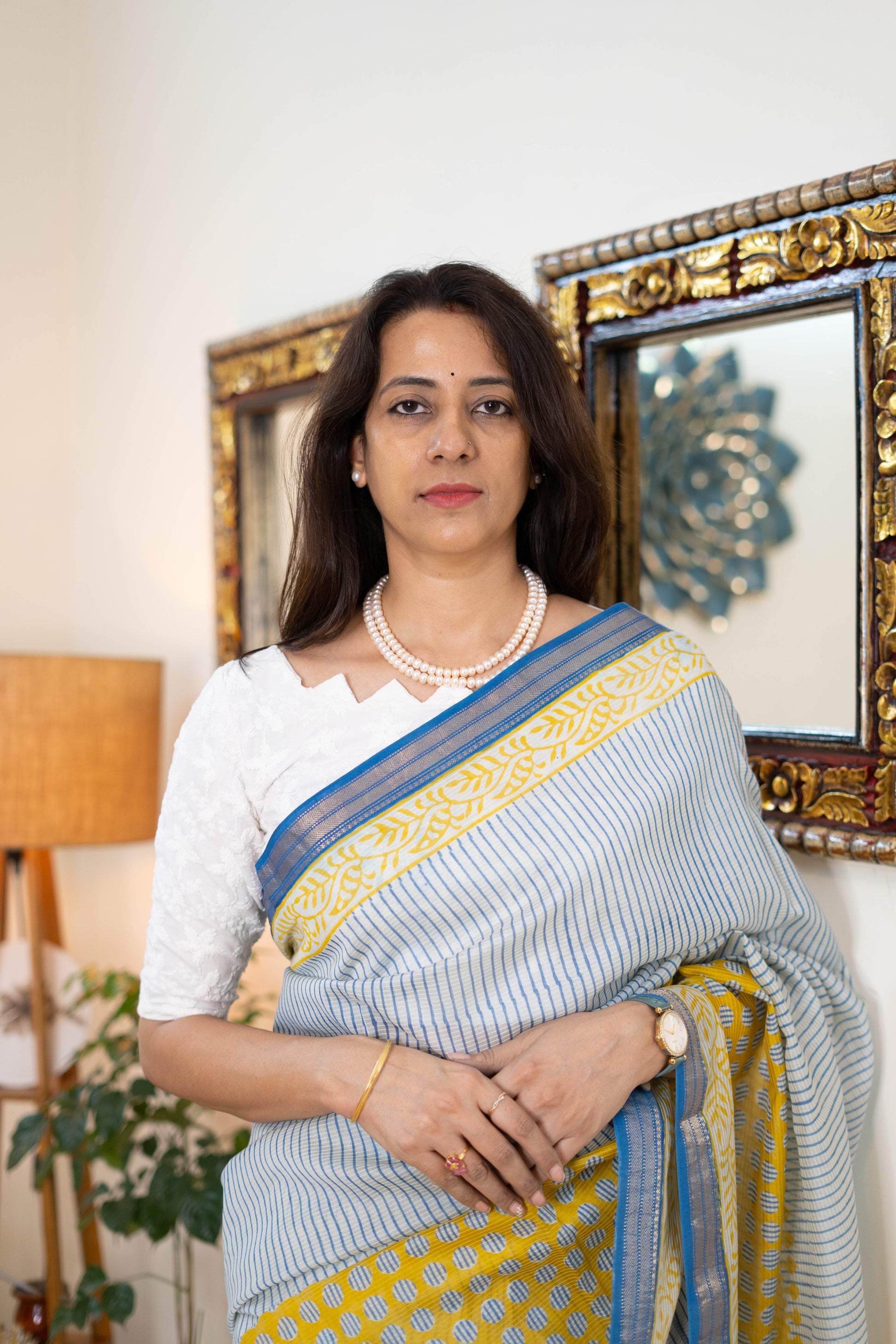 Handwoven Bagh Print Indigo Maheshwari Silk Saree with Indigo  and Mustard Stripes