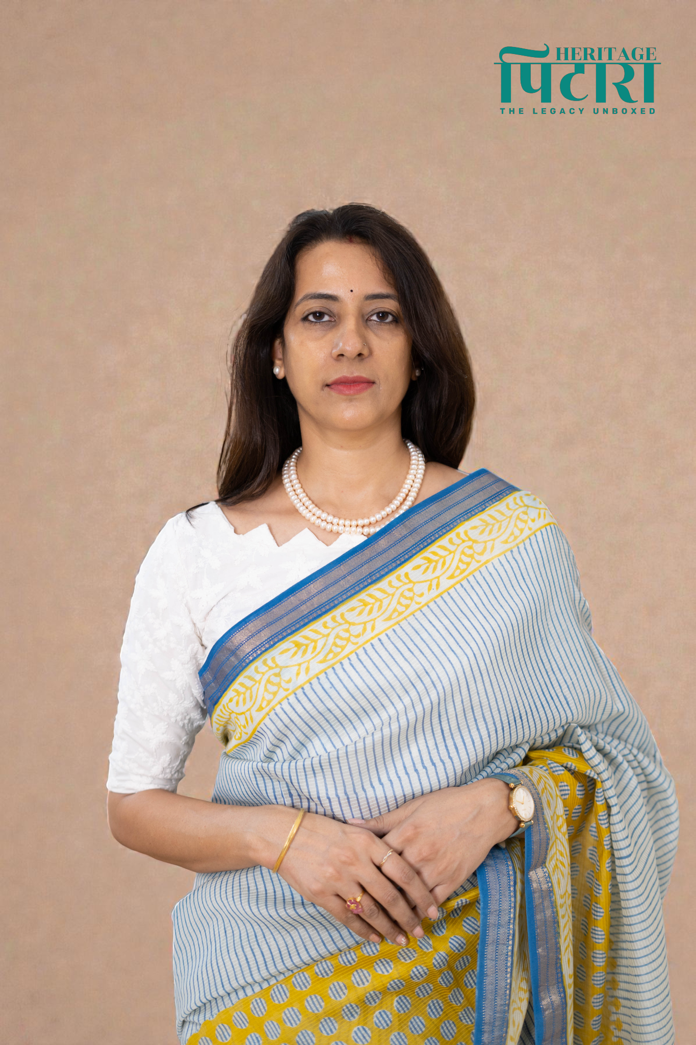 Handwoven Bagh Print Indigo Maheshwari Silk Saree with Indigo  and Mustard Stripes