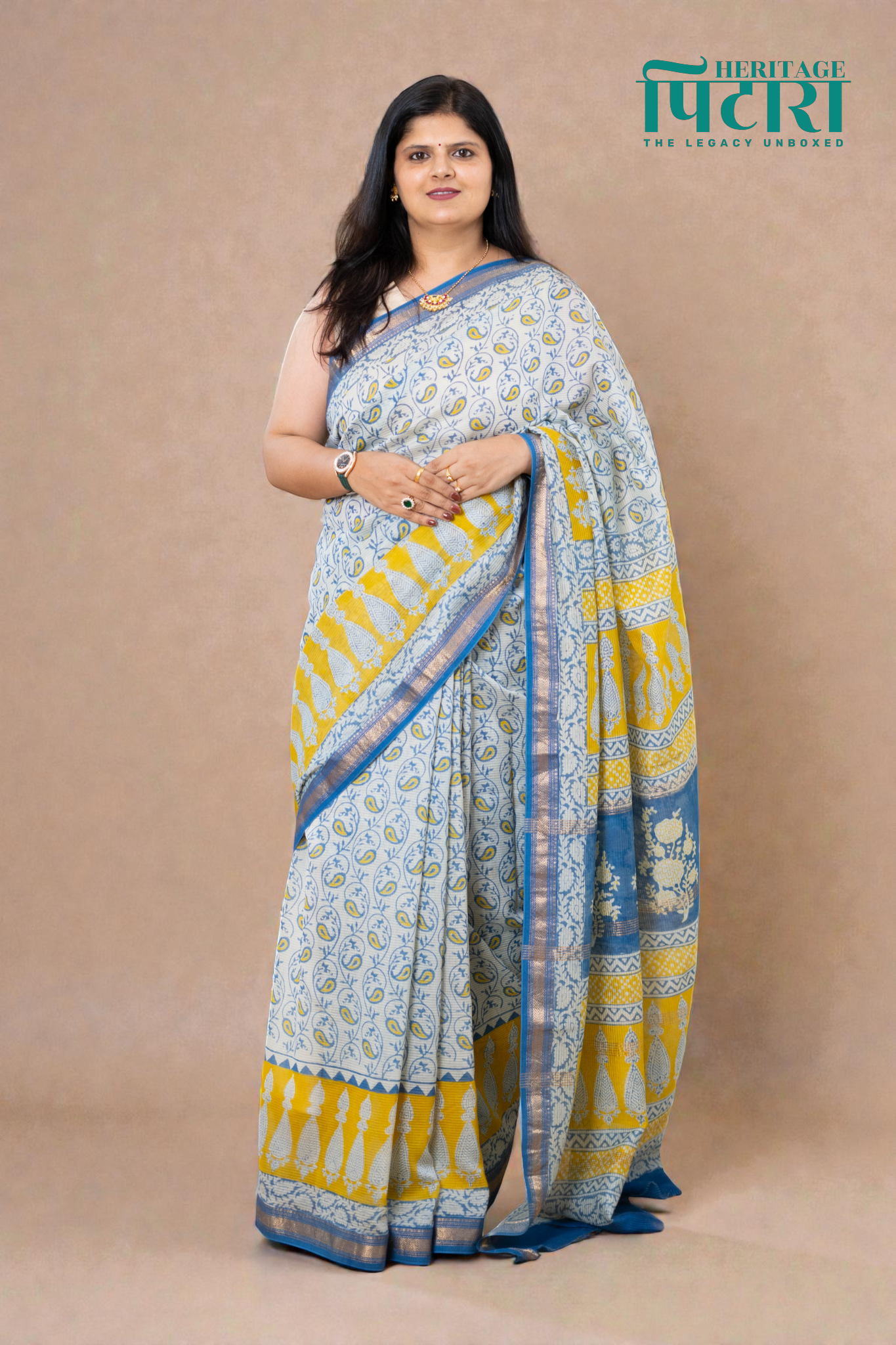 Graceful Bagh Print Maheshwari Silk Saree in Indigo and Mustard