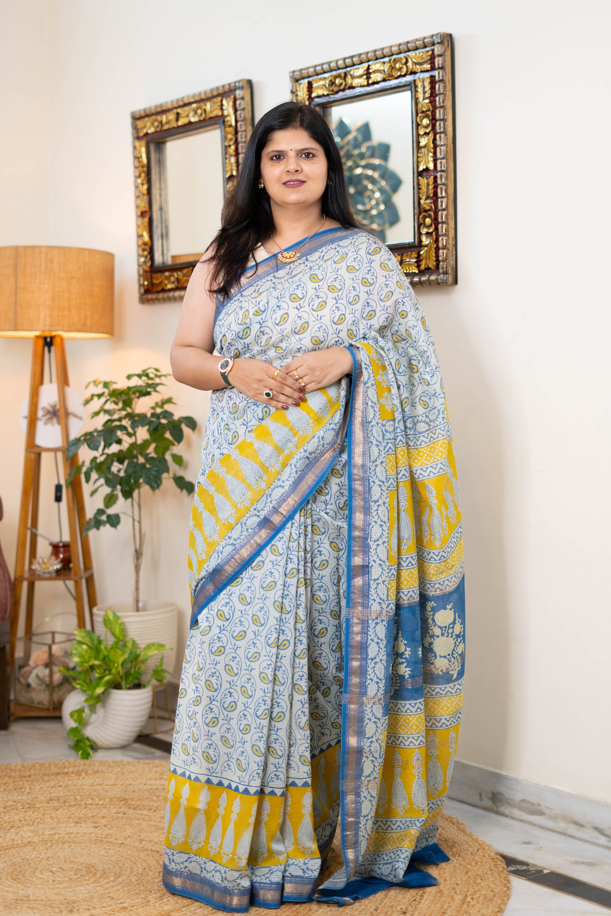 Graceful Bagh Print Maheshwari Silk Saree in Indigo and Mustard