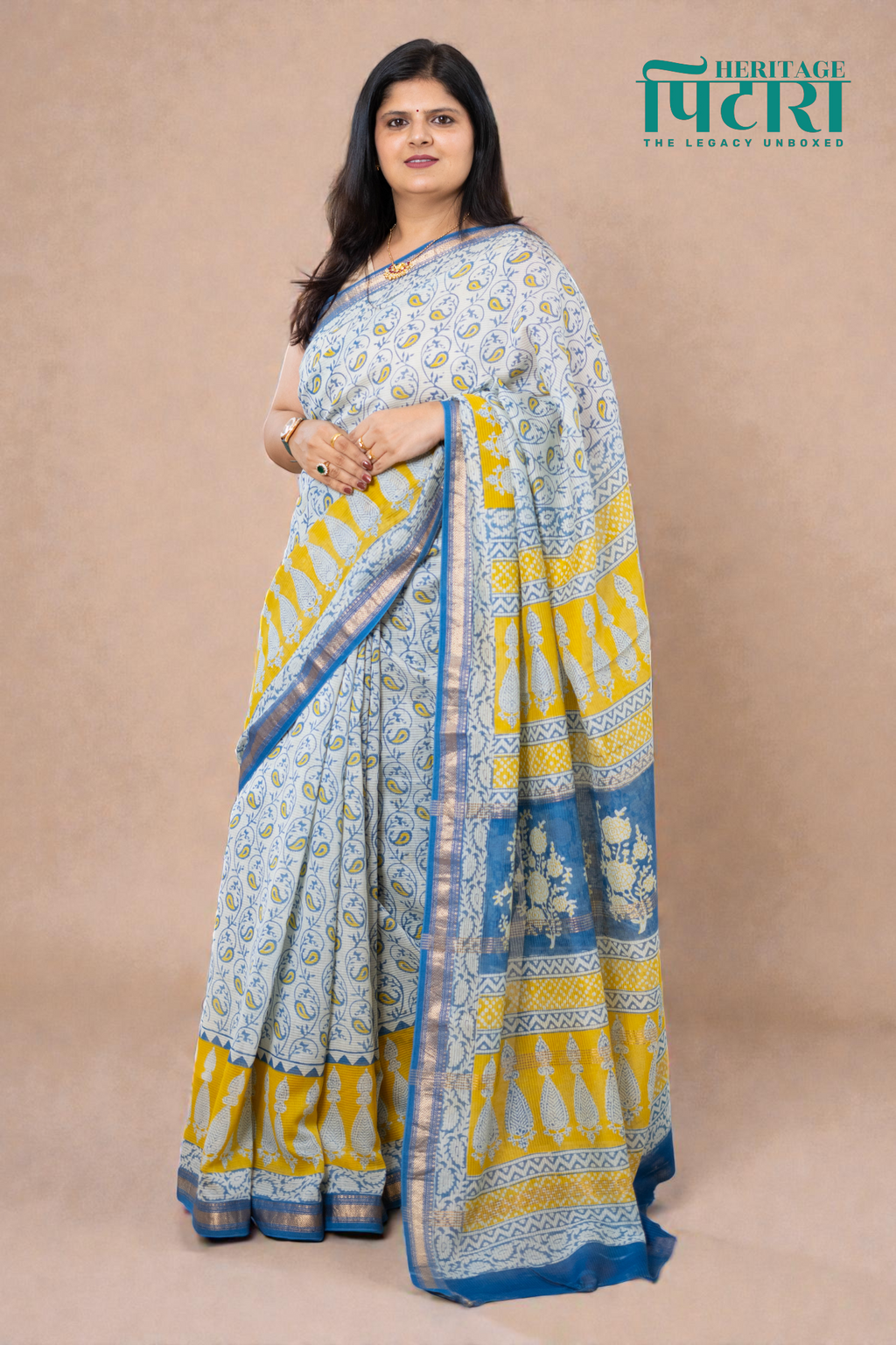 Graceful Bagh Print Maheshwari Silk Saree in Indigo and Mustard