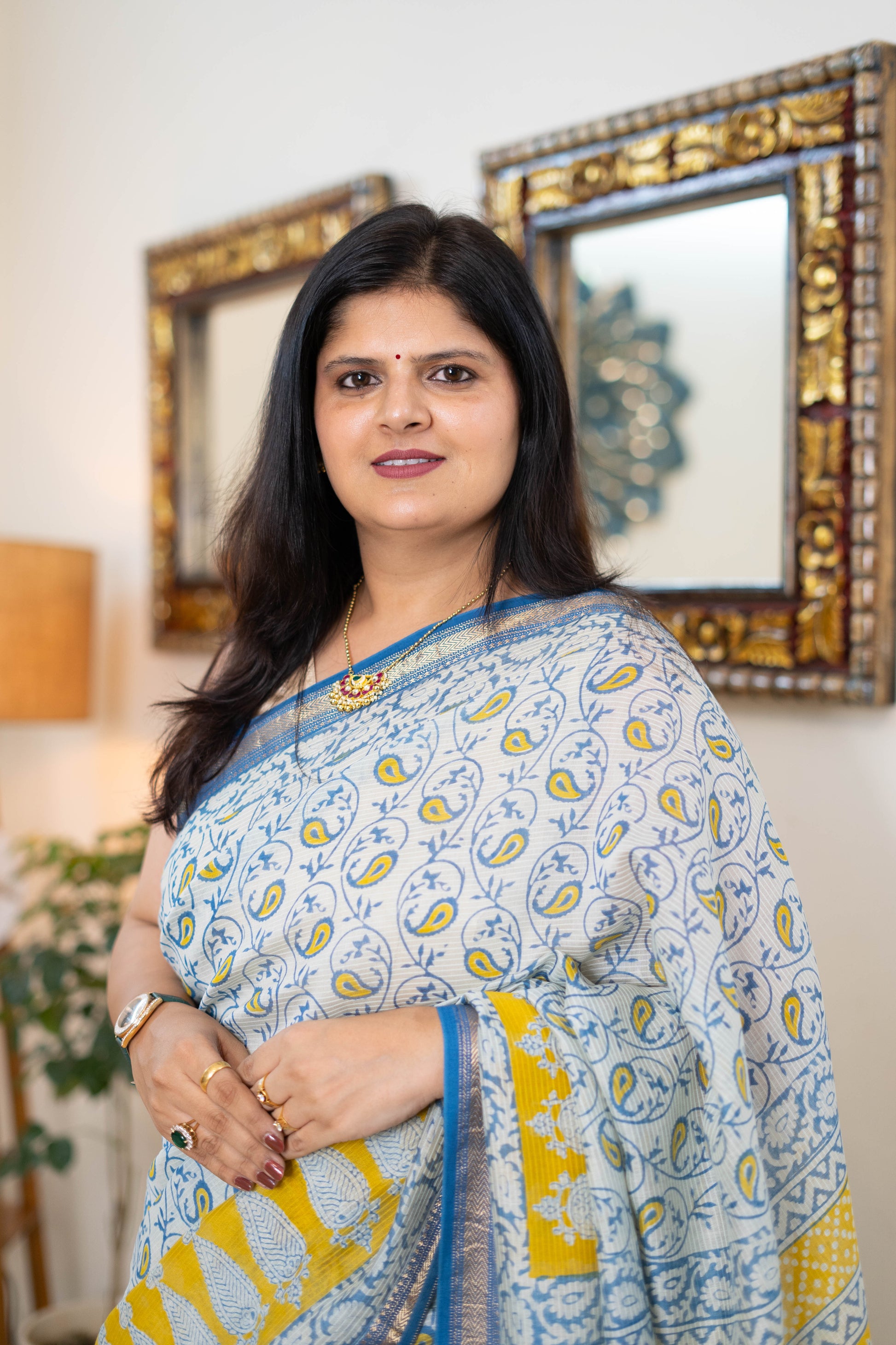 Graceful Bagh Print Maheshwari Silk Saree in Indigo and Mustard