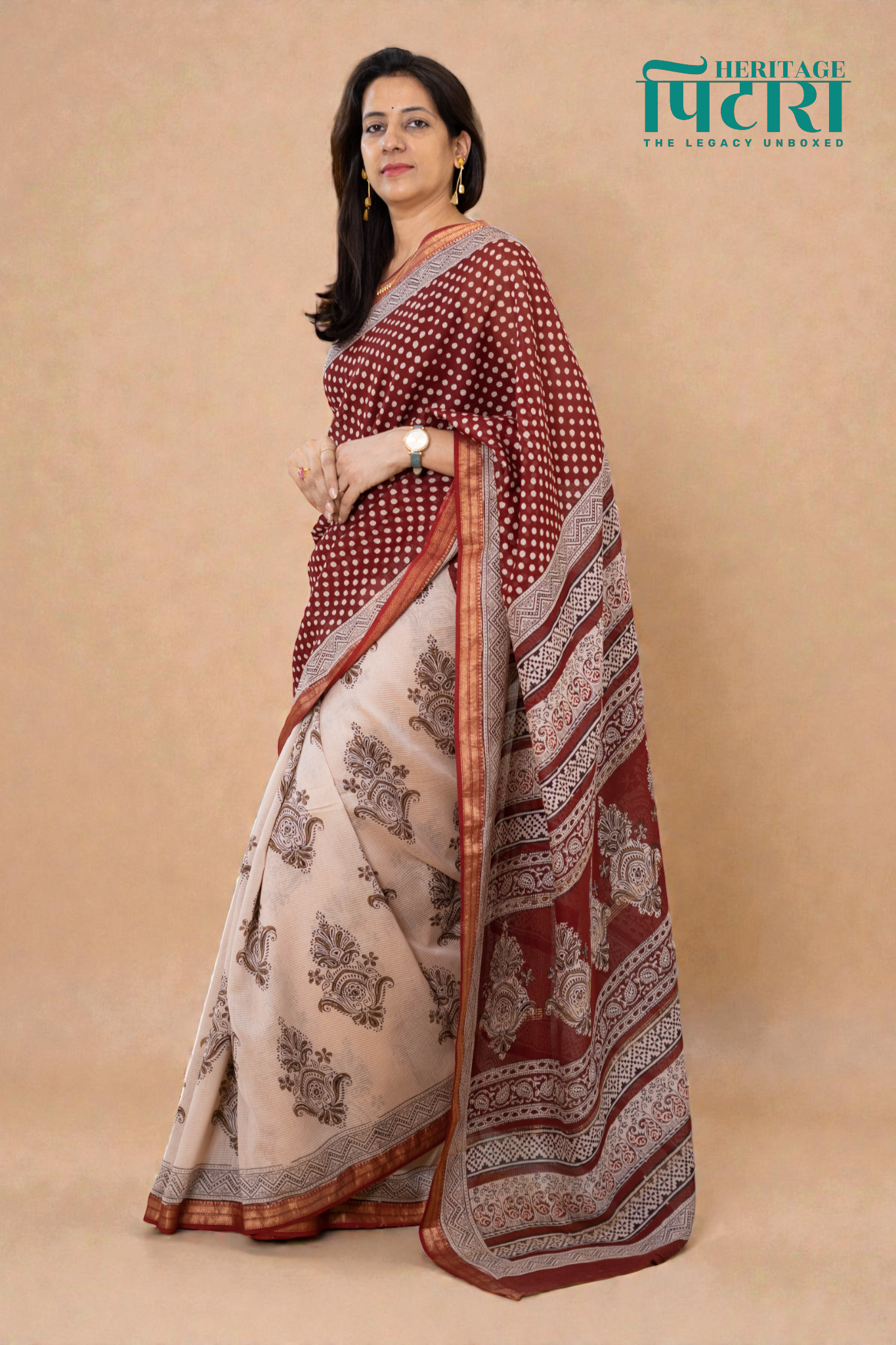 Red Bagh Print Maheshwari Silk Saree with Beige Floral Design