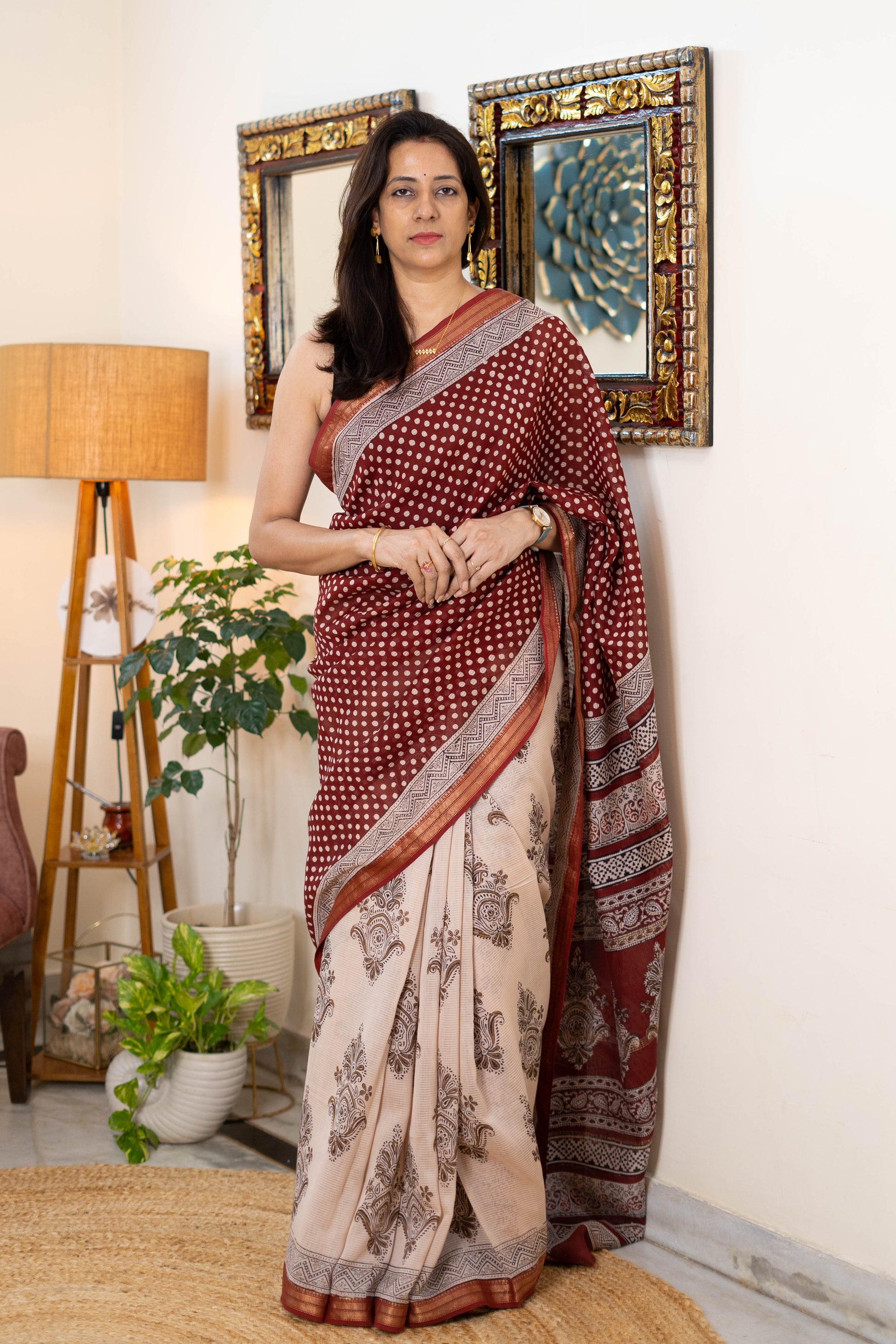 Red Bagh Print Maheshwari Silk Saree with Beige Floral Design