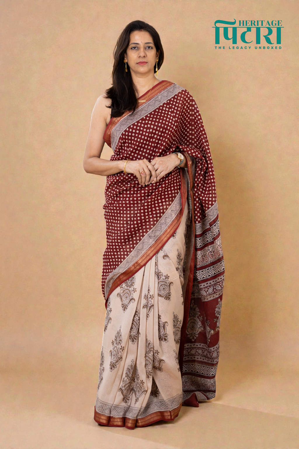 Red Bagh Print Maheshwari Silk Saree with Beige Floral Design