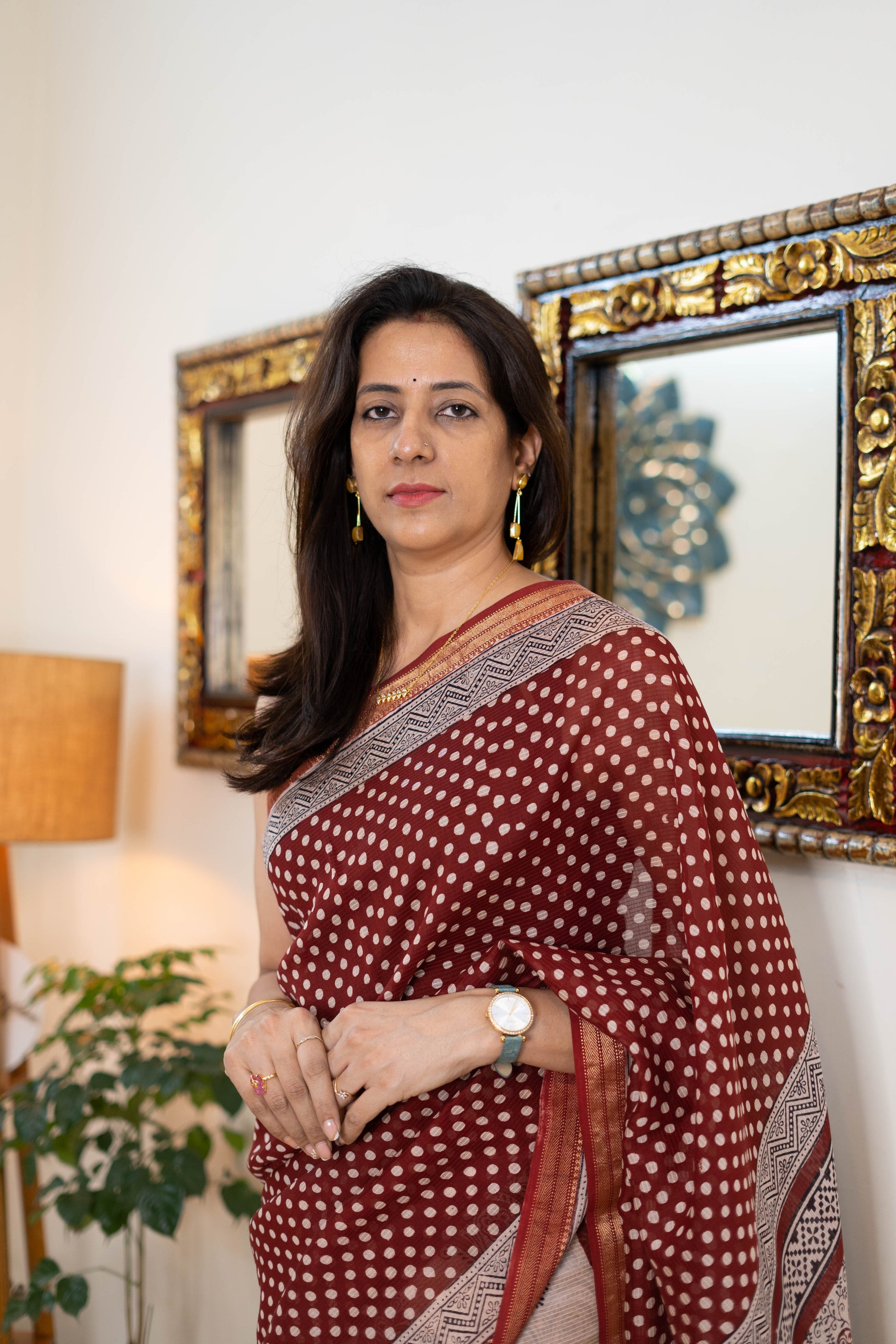 Red Bagh Print Maheshwari Silk Saree with Beige Floral Design
