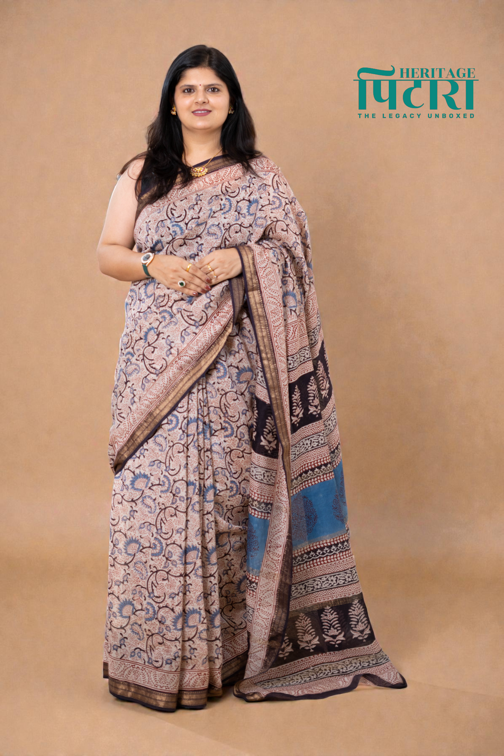 Handwoven Bagh Print Maheshwari Silk Saree in Soft Beige and Indigo