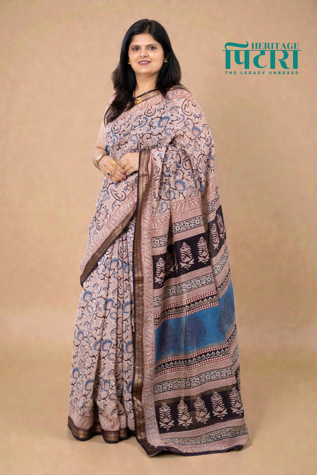 Handwoven Bagh Print Maheshwari Silk Saree in Soft Beige and Indigo