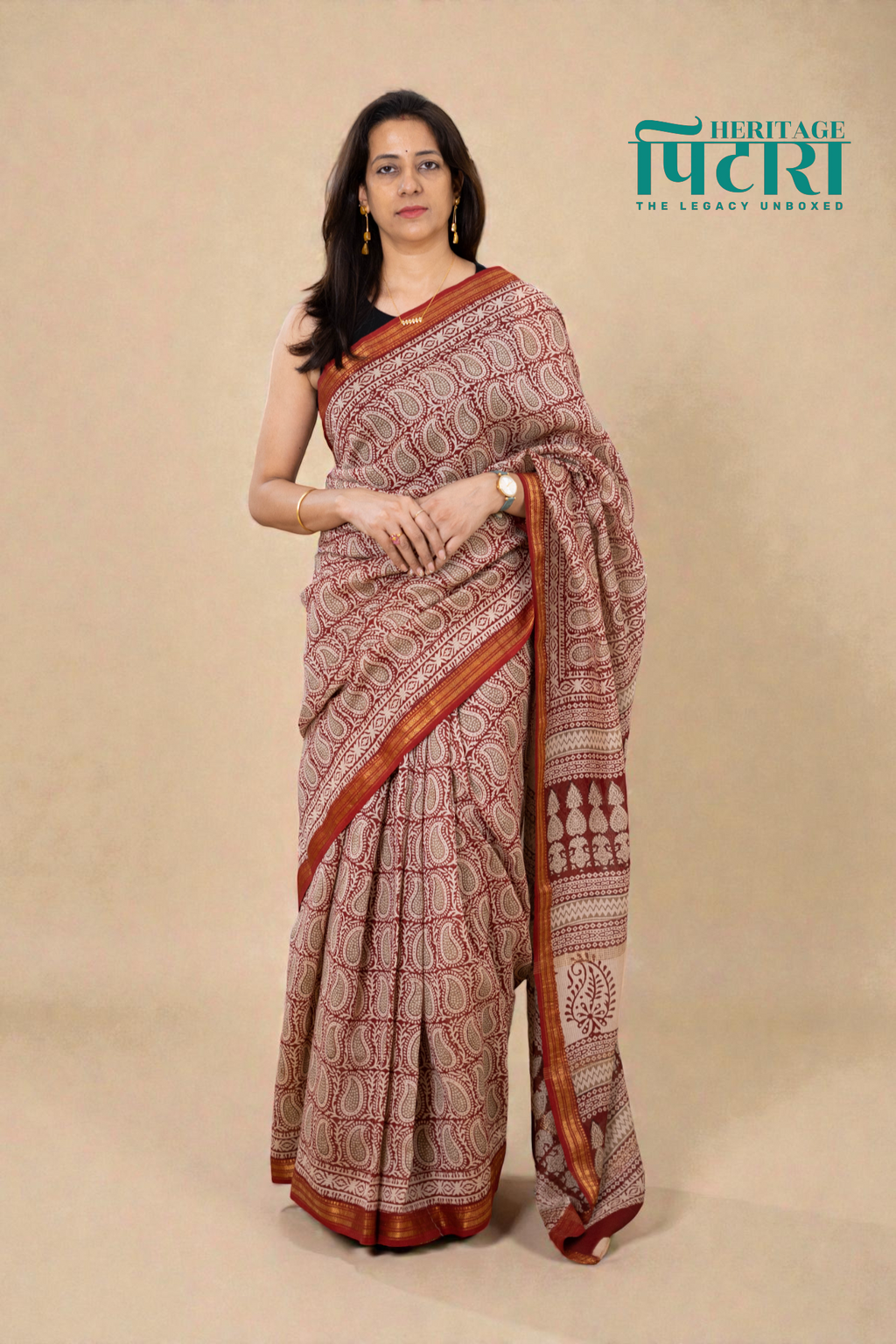 Bagh Hand block Maheshwari Silk Saree in Red and Beige
