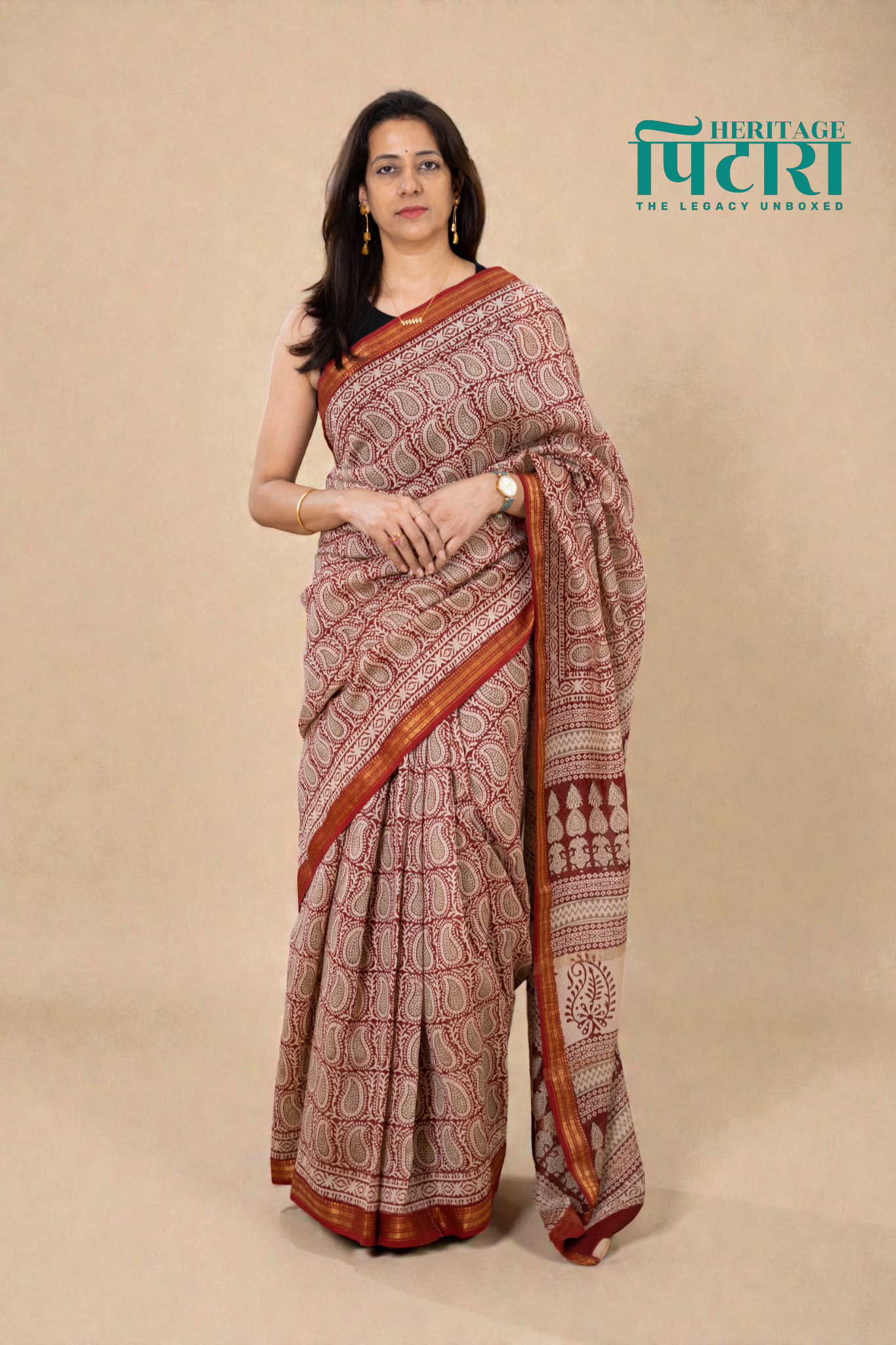 Bagh Hand block Maheshwari Silk Saree in Red and Beige