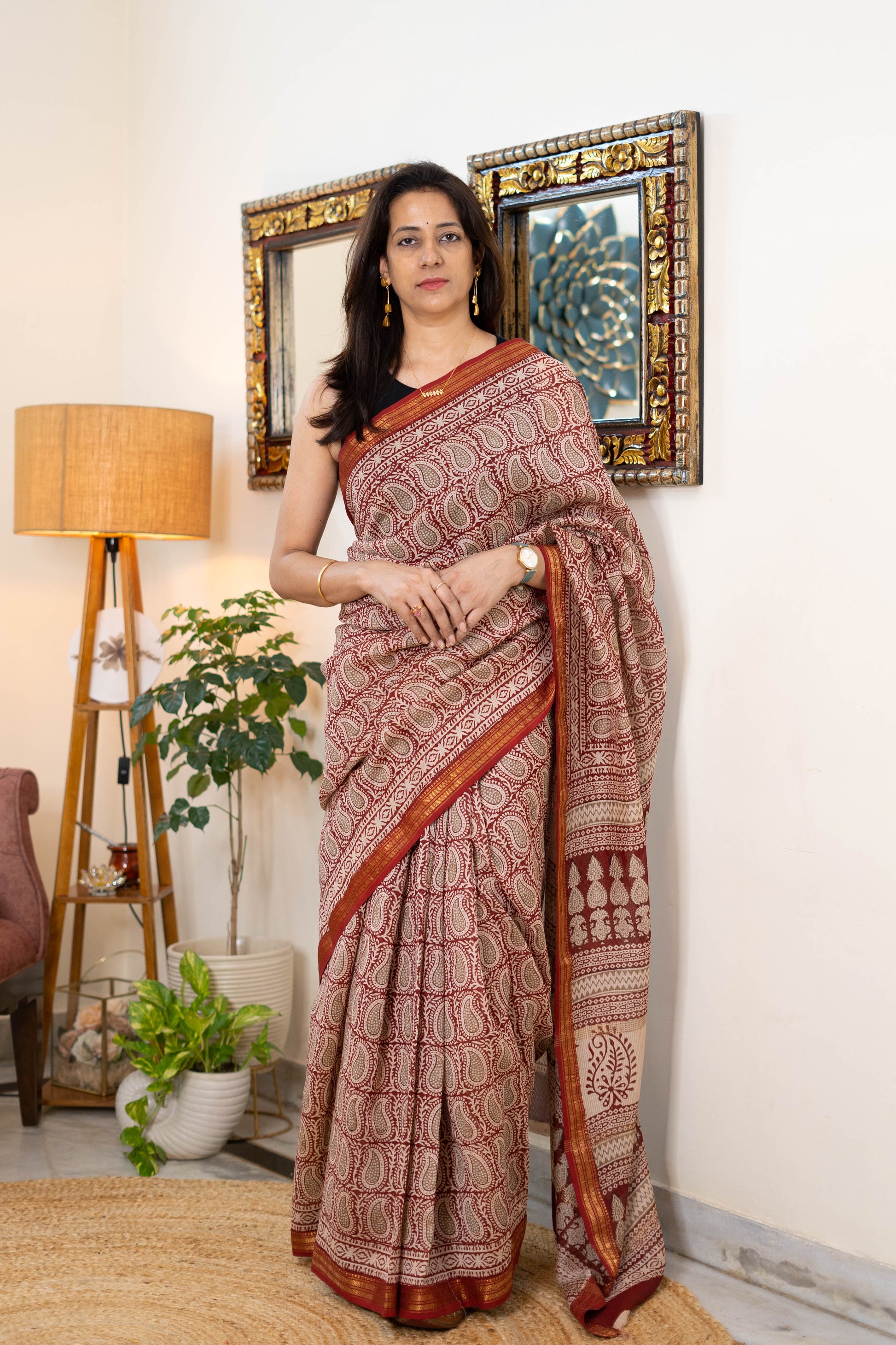 Bagh Hand block Maheshwari Silk Saree in Red and Beige