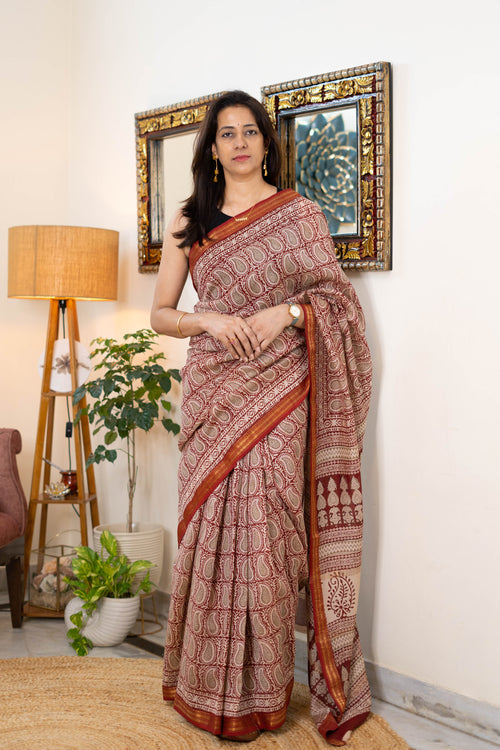 Bagh Hand block Maheshwari Silk Saree in Red and Beige