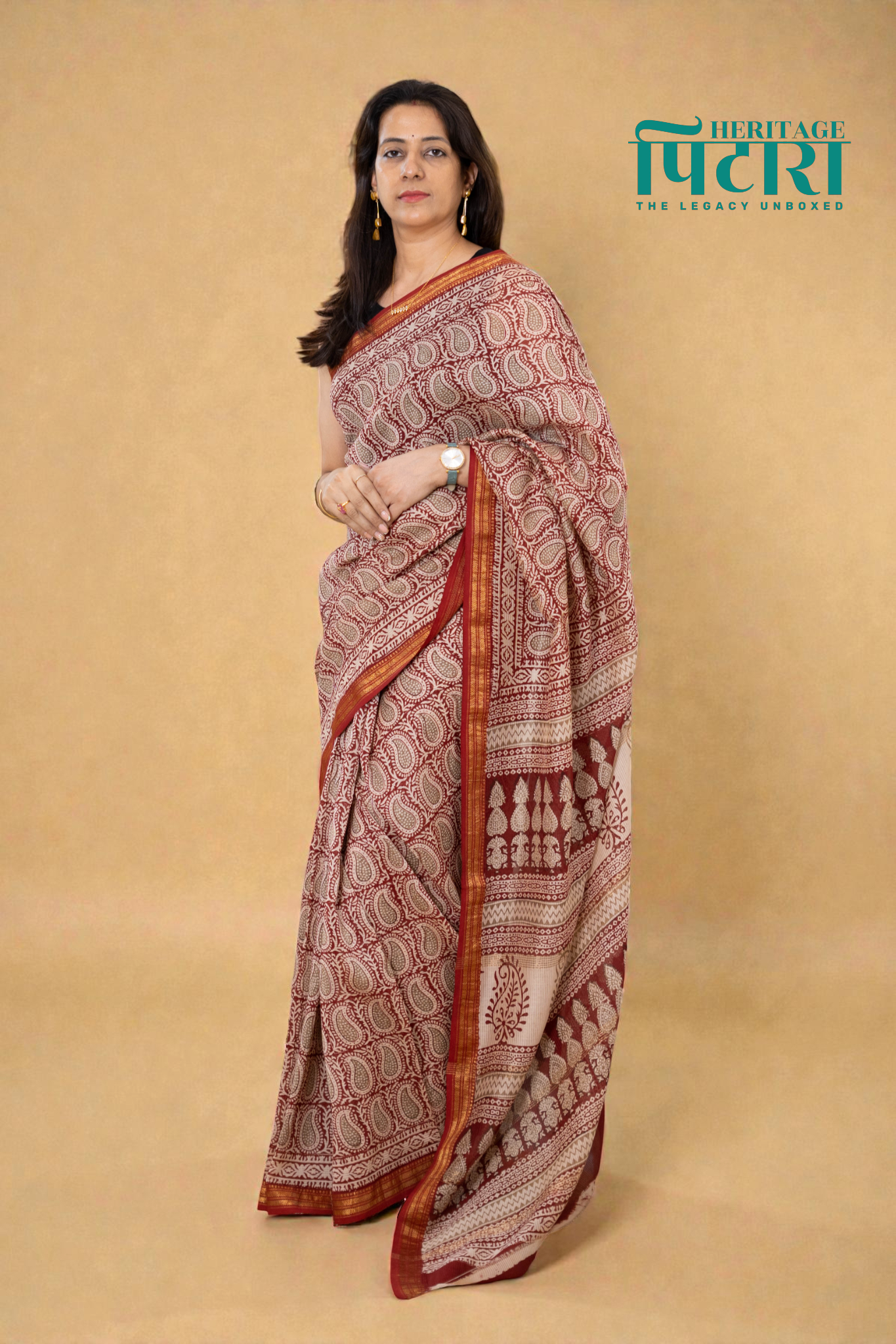 Bagh Hand block Maheshwari Silk Saree in Red and Beige
