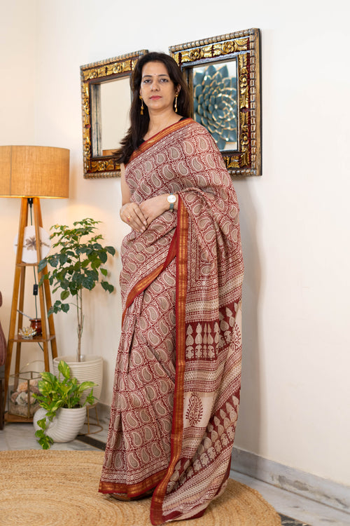 Bagh Hand block Maheshwari Silk Saree in Red and Beige