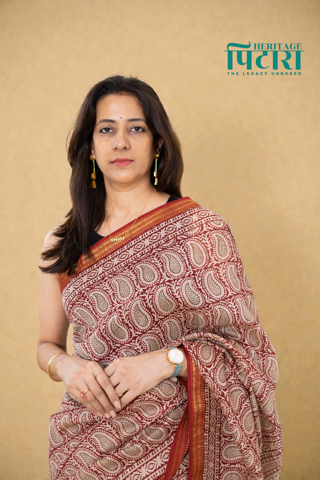 Bagh Hand block Maheshwari Silk Saree in Red and Beige