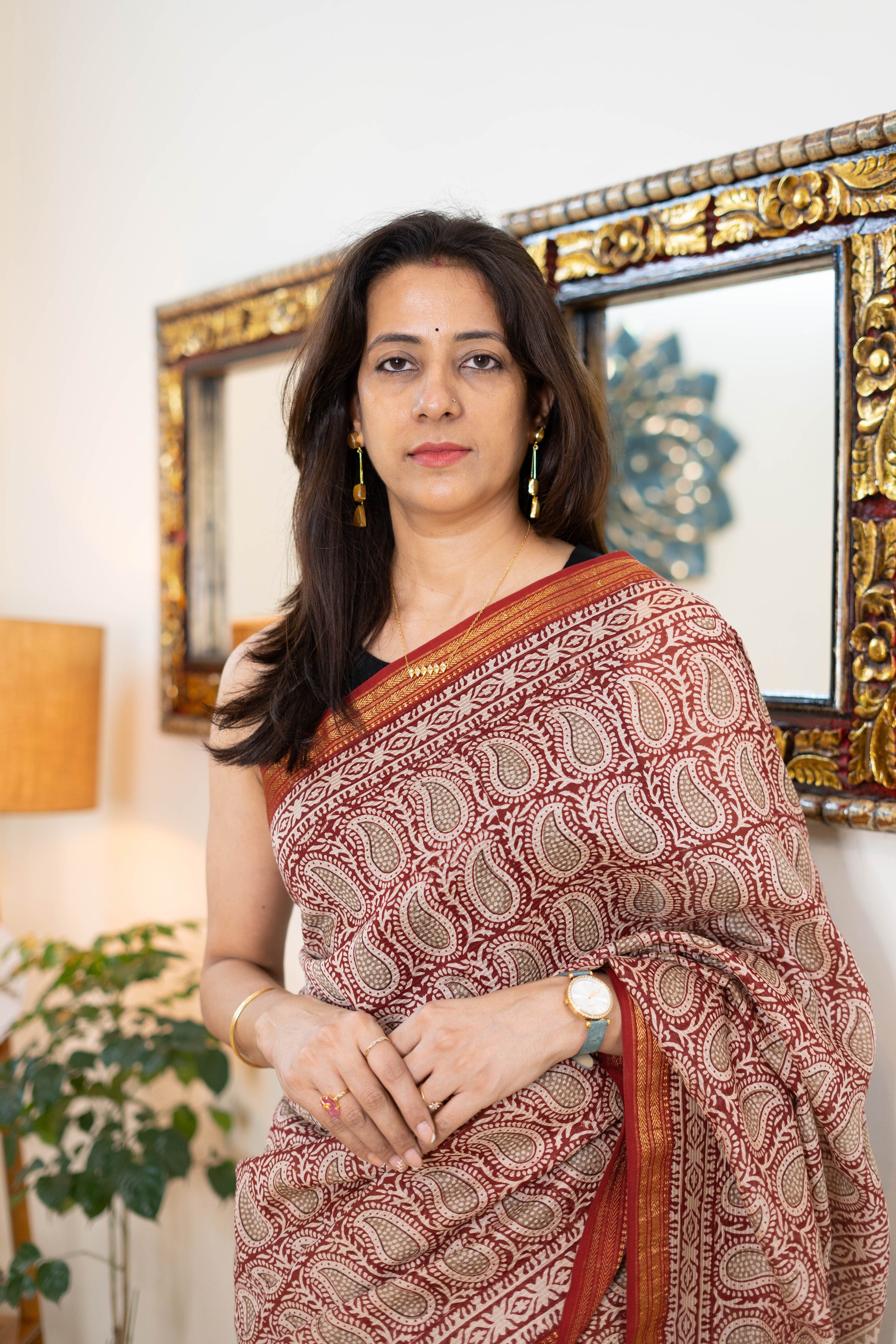 Bagh Hand block Maheshwari Silk Saree in Red and Beige